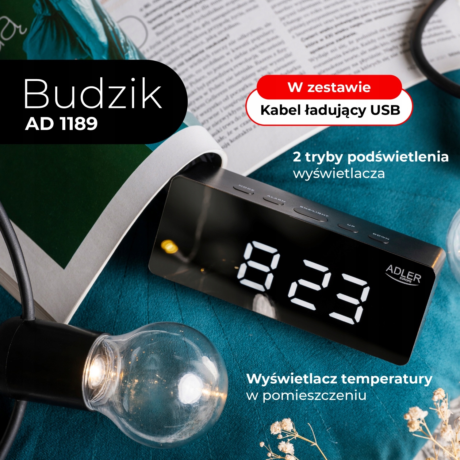 Budzik AD 1189 Black z Wyświetlaczem Temperatury i 3 Trybami Alarmu