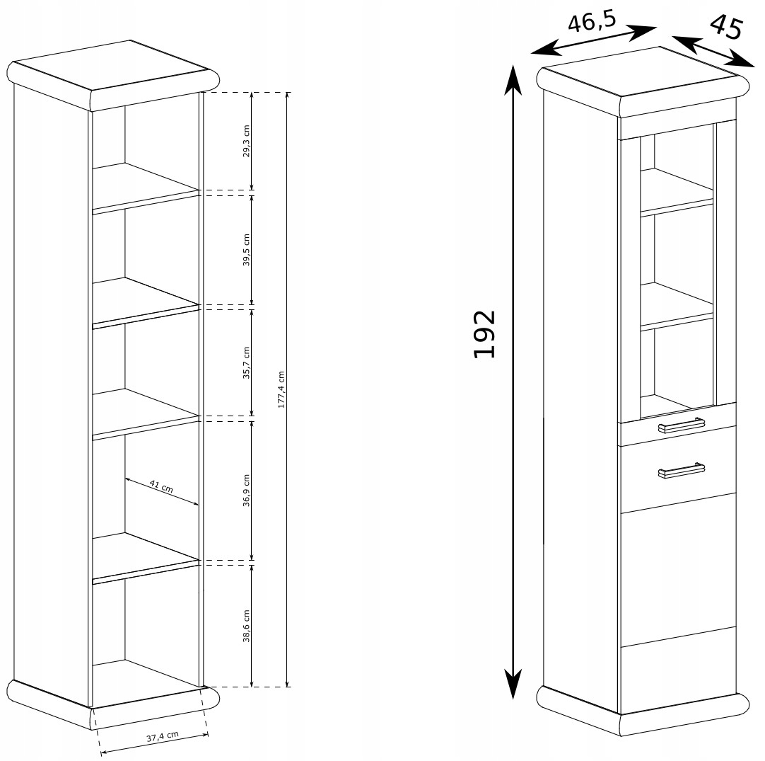 wąska jednodrzwiowa witryna Kr salon jadalnia Głębokość mebla 45 cm