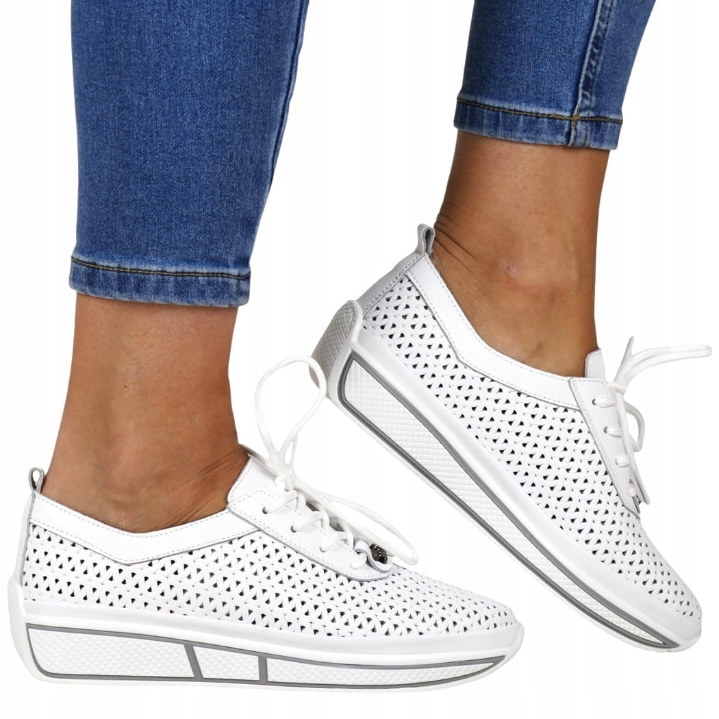 iButy Dámské Kožené Sportovní Polobotky Ažurové Na Platformě Bílé Lehké