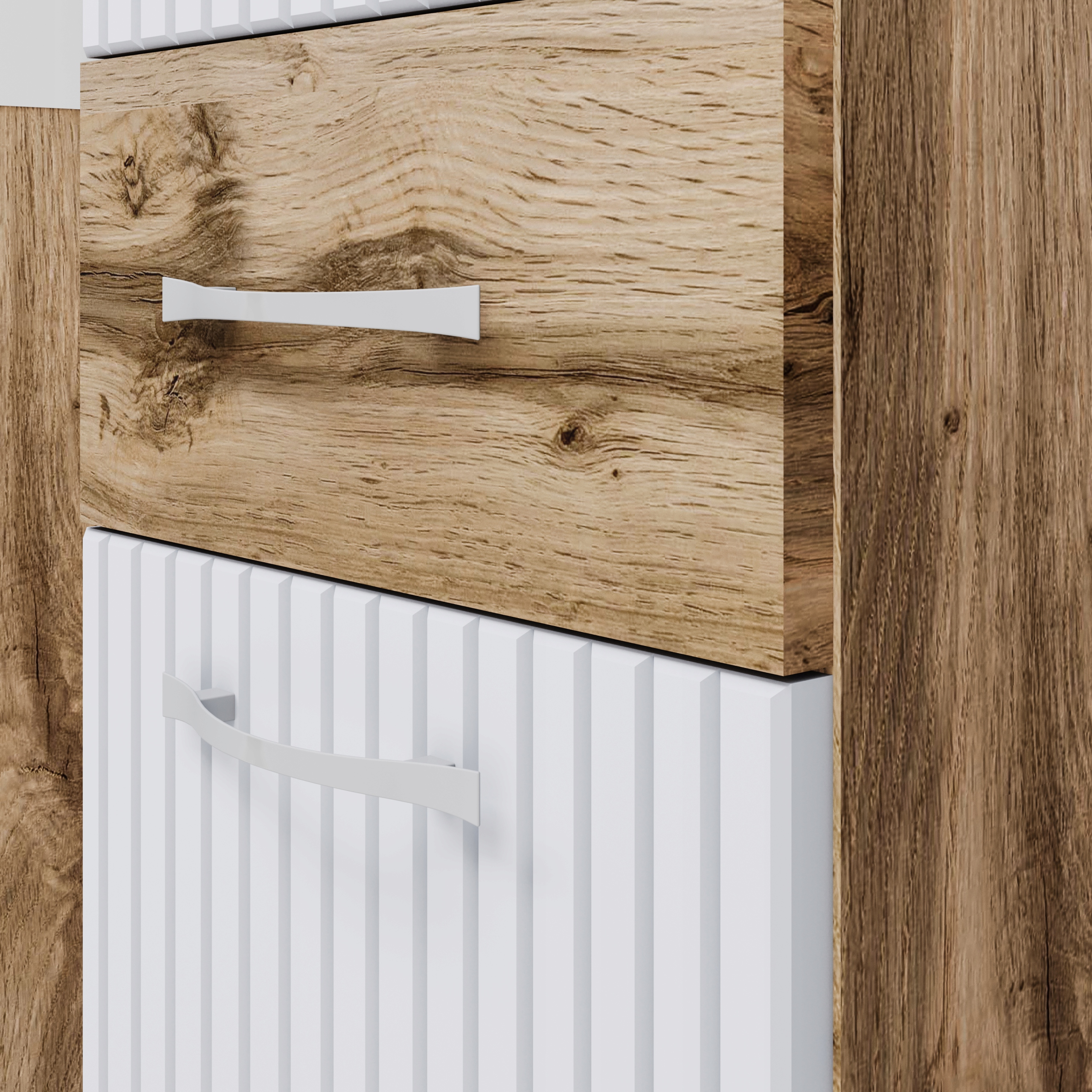 Meble łazienkowe ALBA DĄB WOTAN / BIAŁE RYFLE MDF, lustro, umywalka Kod producenta ALB00WW-M5-2