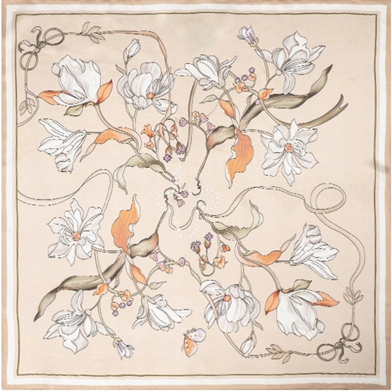 Hedvábná béžová šála s rostlinným vzorem jako Dárek pro maminku, 70 x 70 cm