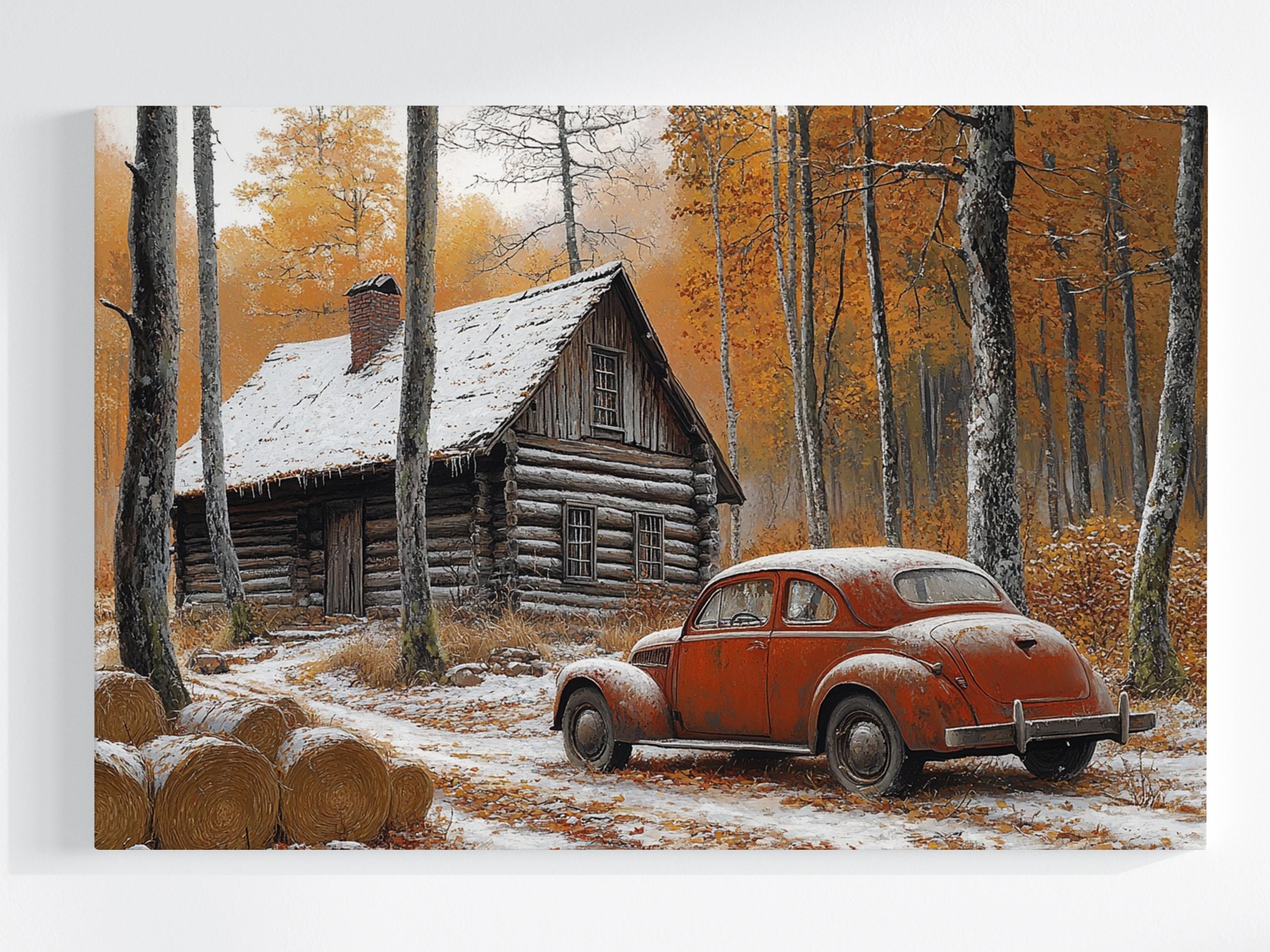 Obraz Na Plátně Canvas Zima Sníh Les Dům Chatka Auto Vintage 120x80