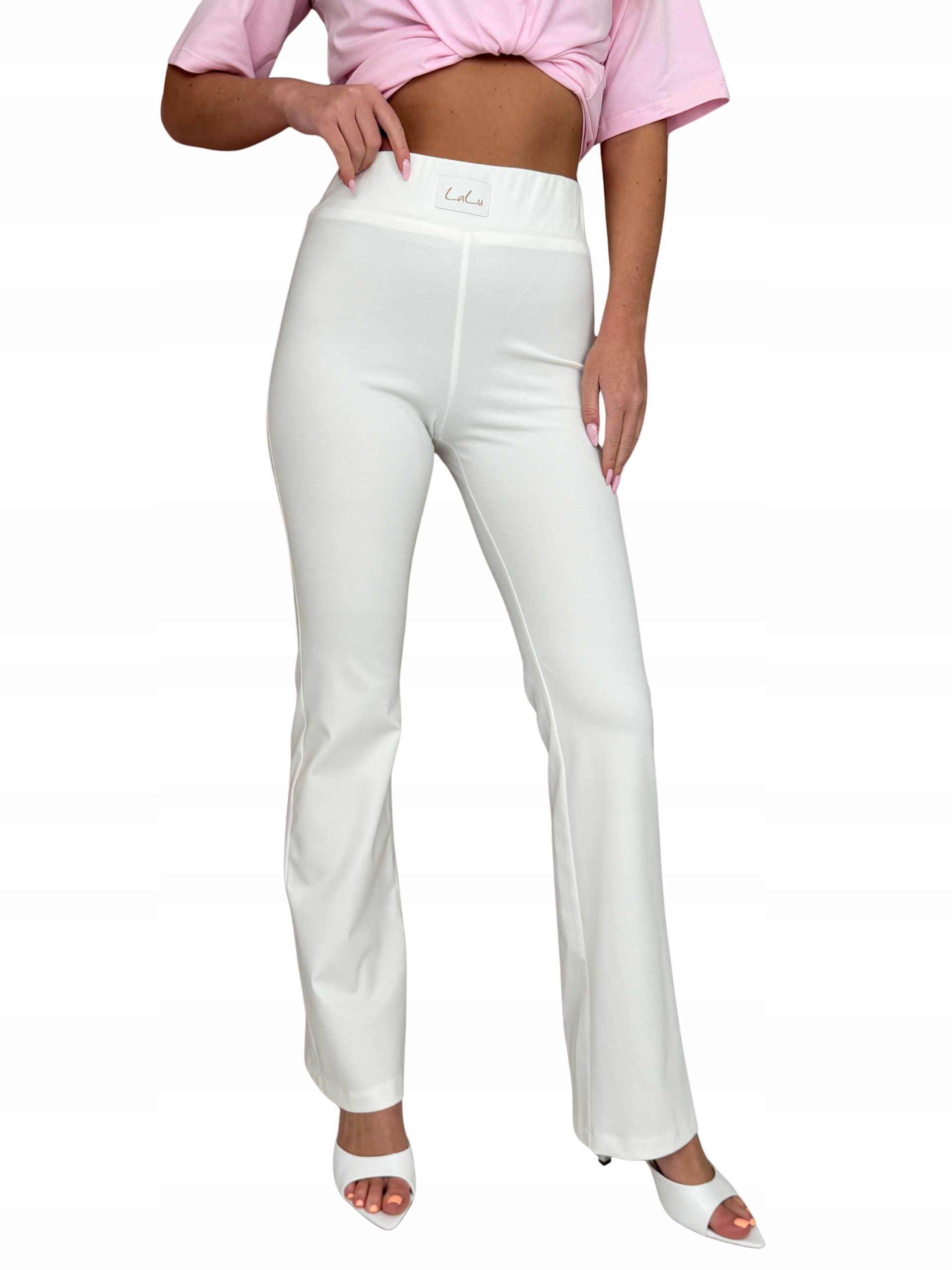 Spodnie dzwony damskie elastyczne wysoki stan LaLu białe