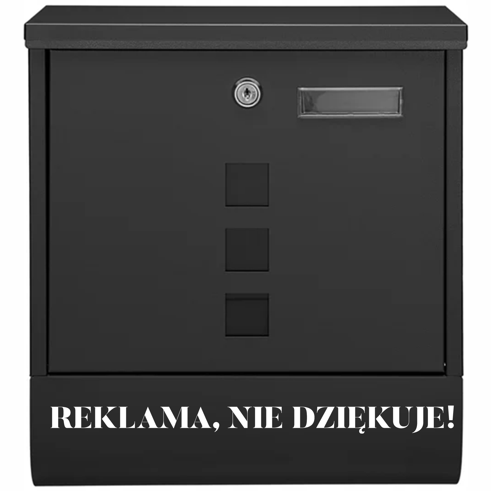 Černá ocelová poštovní schránka s novinami Reklama, Neděkuji! Vzory