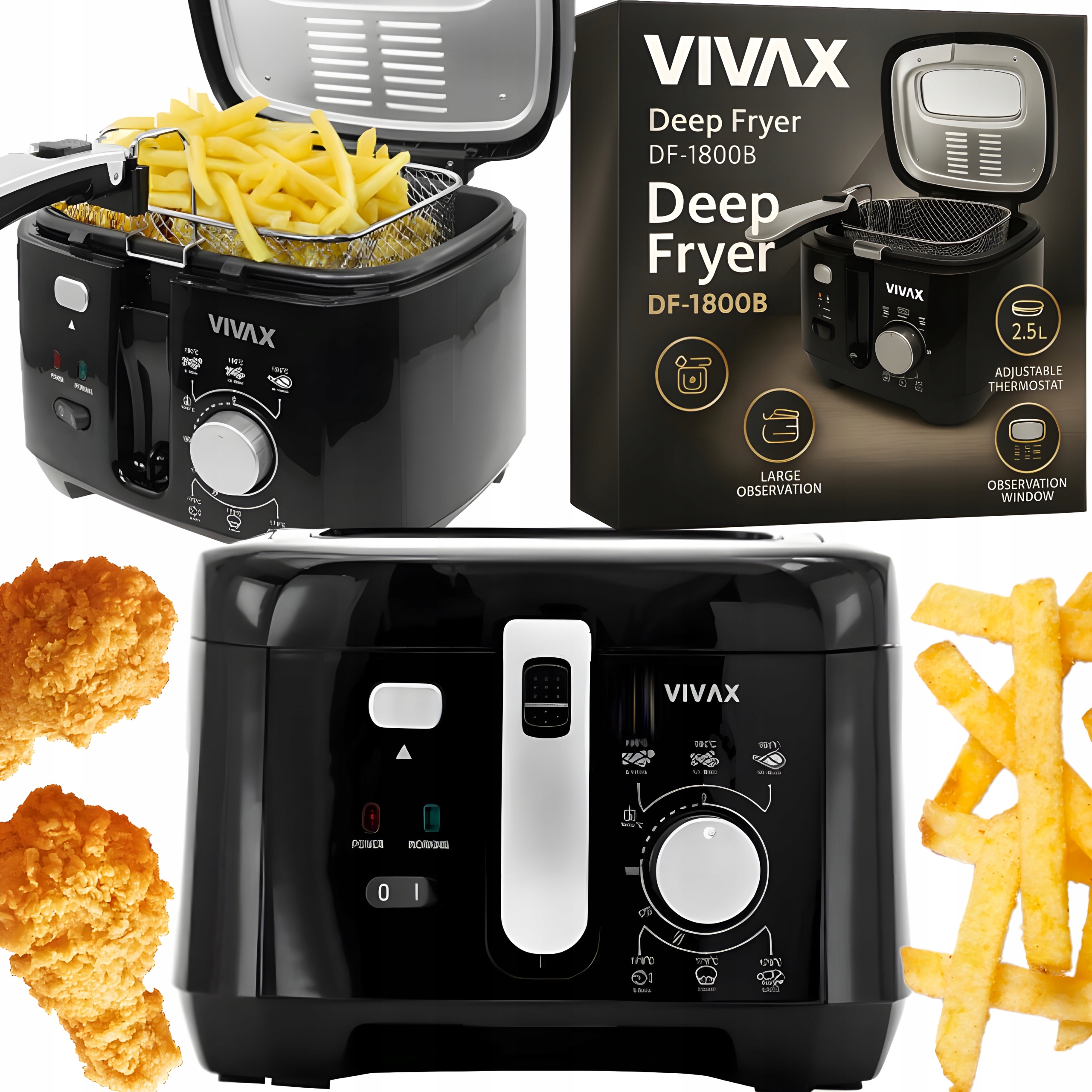 Frytkownica Tradycyjna Olejowa Airfryer Vivax DF-1800B Czarna 1800W 2.5L-Zdjęcie-0
