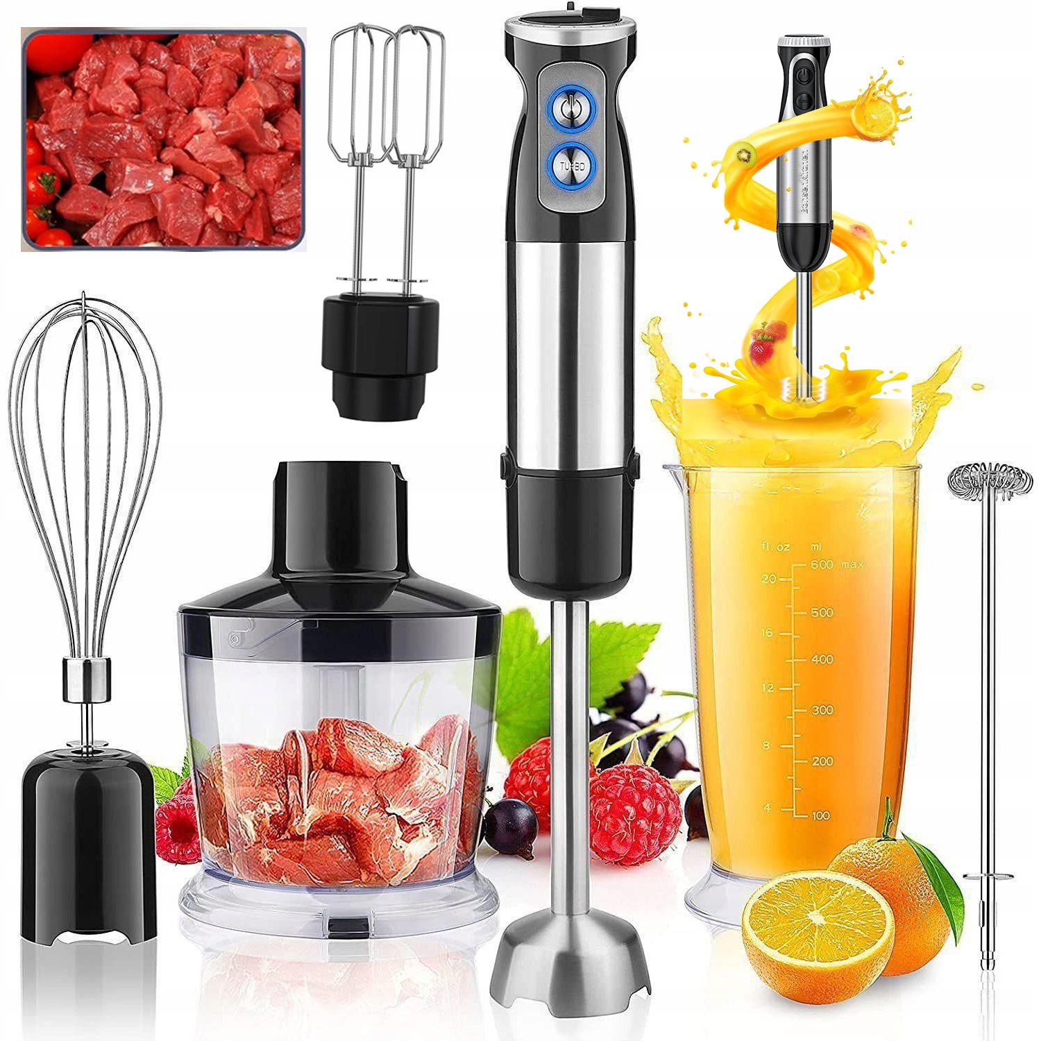 Blender Ręczny 600W Czarny Ostrza Ze Stali Nierdzewnej Wielofunkcyjny 6W1 Siekacz