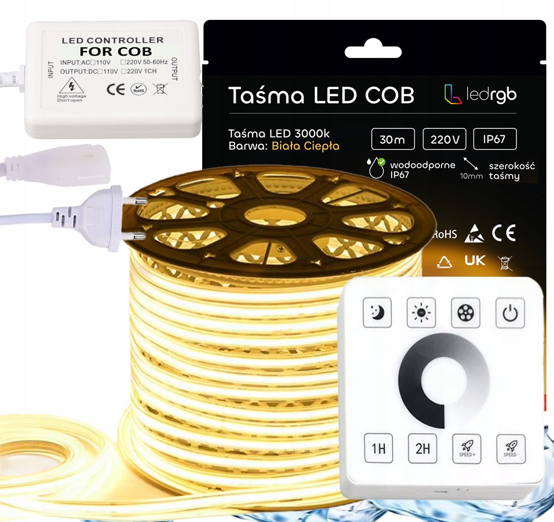 Set Led pásek Cob 230V 30 m 3000K Bílý Teplý Napájecí Zdroj Ovladač Dálkový Ovladač
