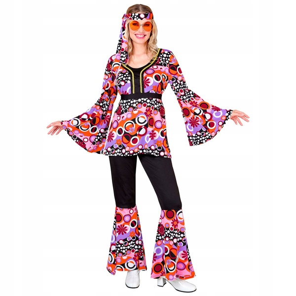 Kostým Groovy Černá Fialová Kolečka 70. Léta Hippie XL