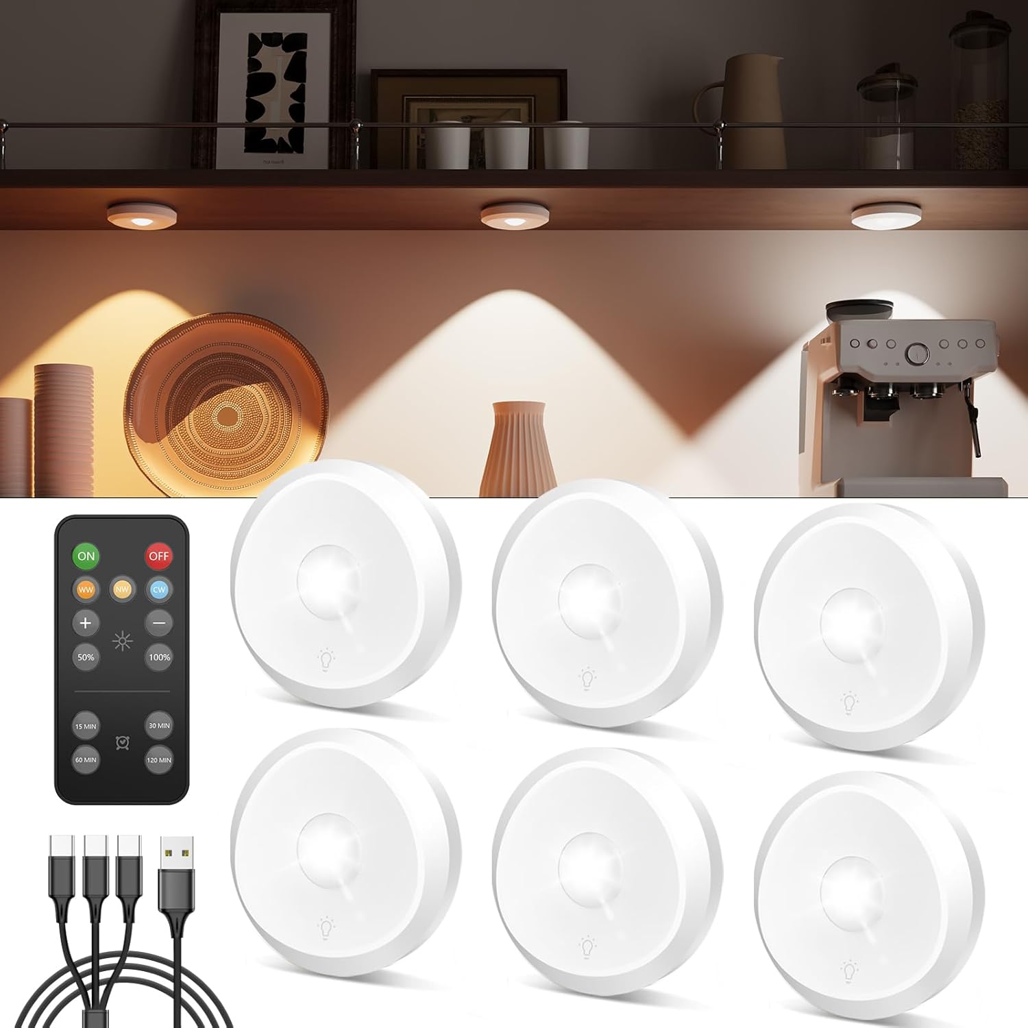 Magnetyczne Bezprzewodowe Lampki LED 6 szt. + Pilot