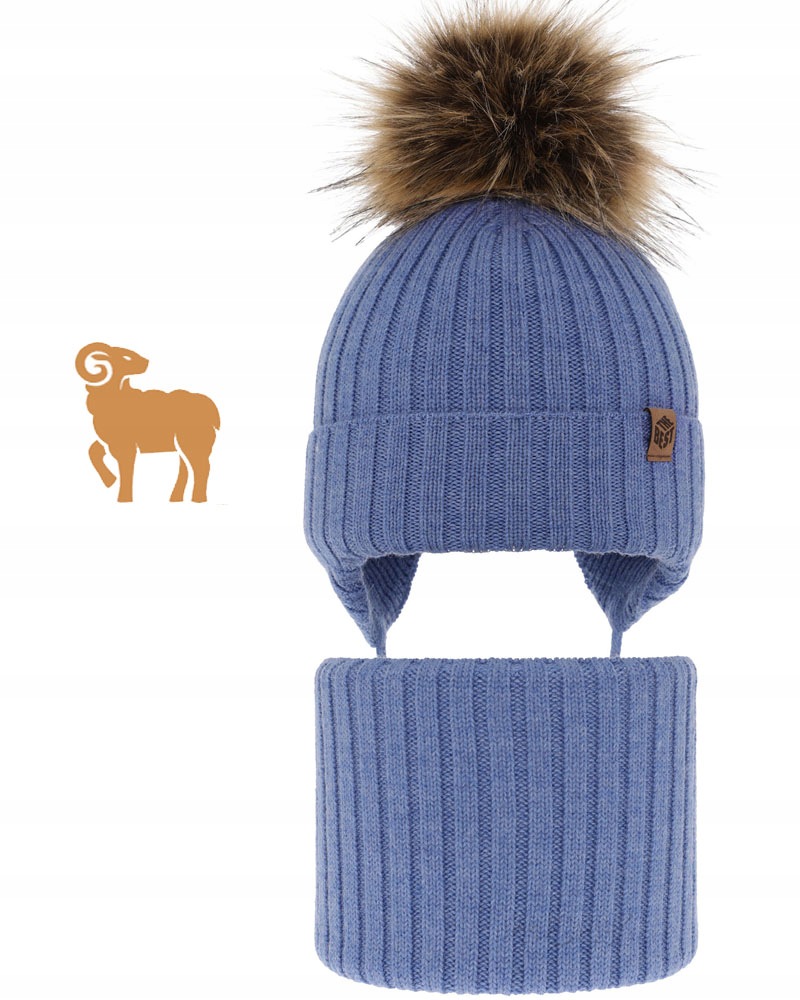 Niebieski Ciepł komplet zimowy Czapka wiązana Komin 46-48 Wełna Merino 9m-4