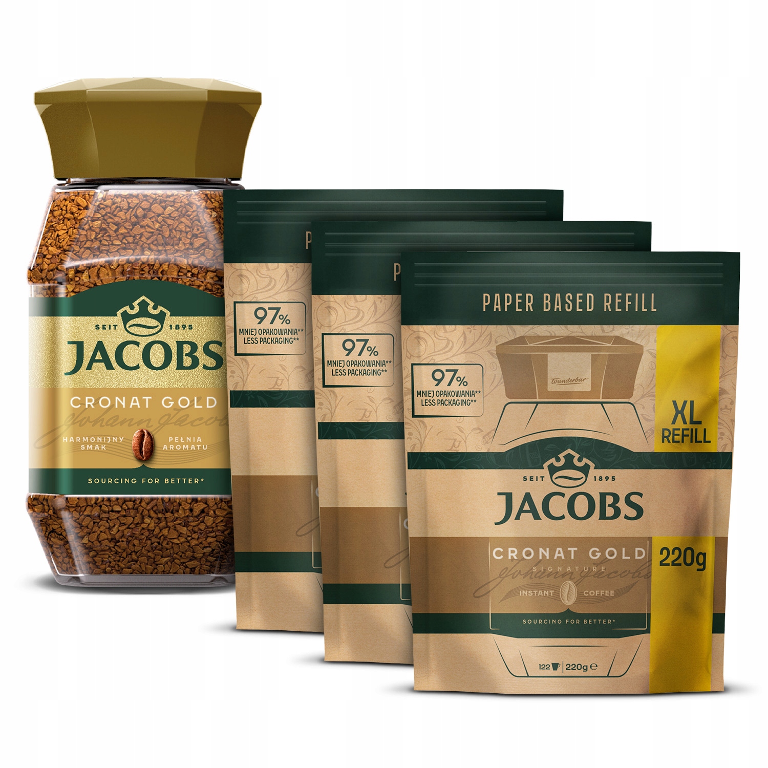 Zestaw kawa rozpuszczalna Jacobs Cronat Gold 200g 3x refill XL zapas 220g