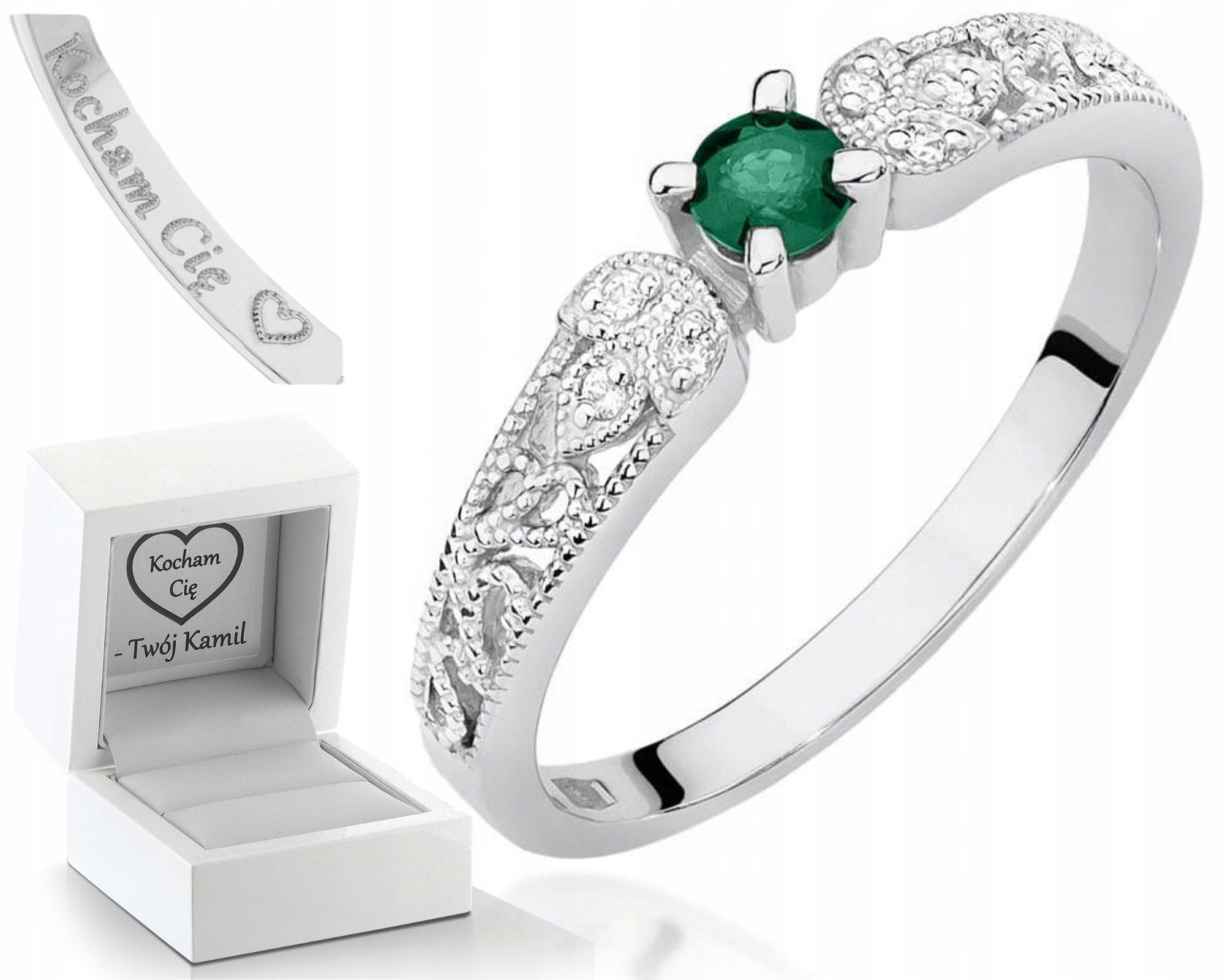 Prstýnek Smaragd Bílé Zlato Gravírování Bonus 585