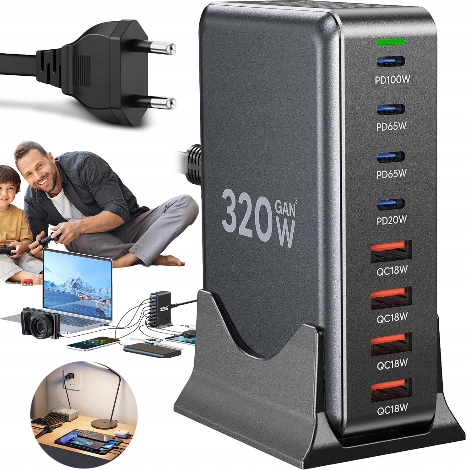 Szybka Ładowarka Sieciowa 320W Z 4 Portami Pd Typu C+4 Porty Usb A Qc