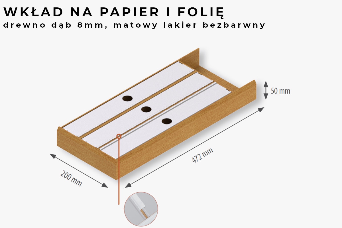 Drevená vložka do zásuvky na fólie, 200x472x50, bezfarebný dubový lak Rejs