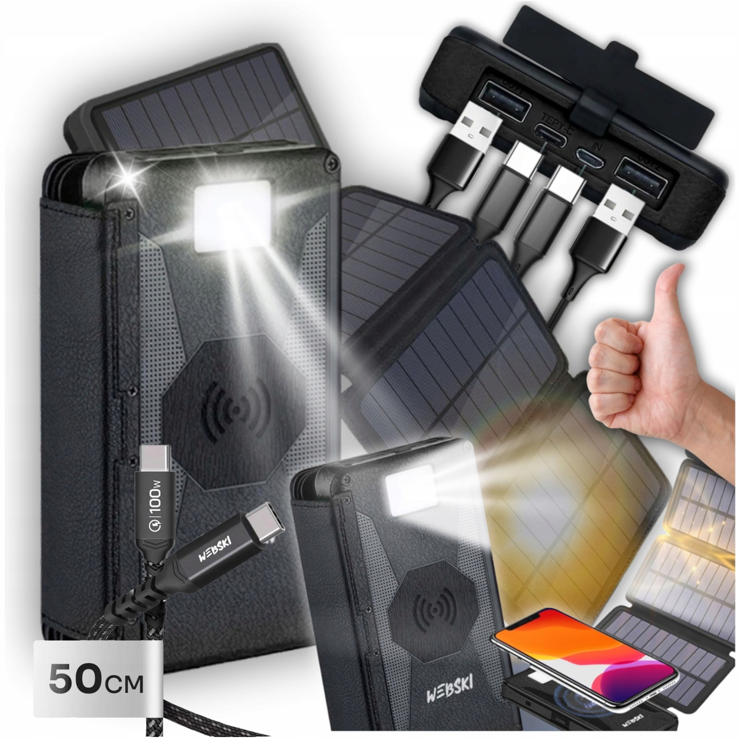 Solární Powerbanka Solar 20000 mAh Bezdrátová Solární Nabíječka Usb Kabel