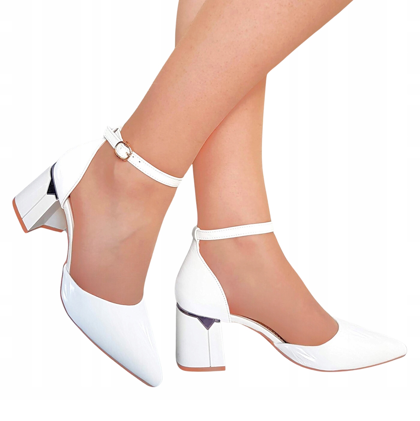 Białe Buty Czółenka Z Paskiem W Kostce Ozdobny Słupek 6 Cm 36