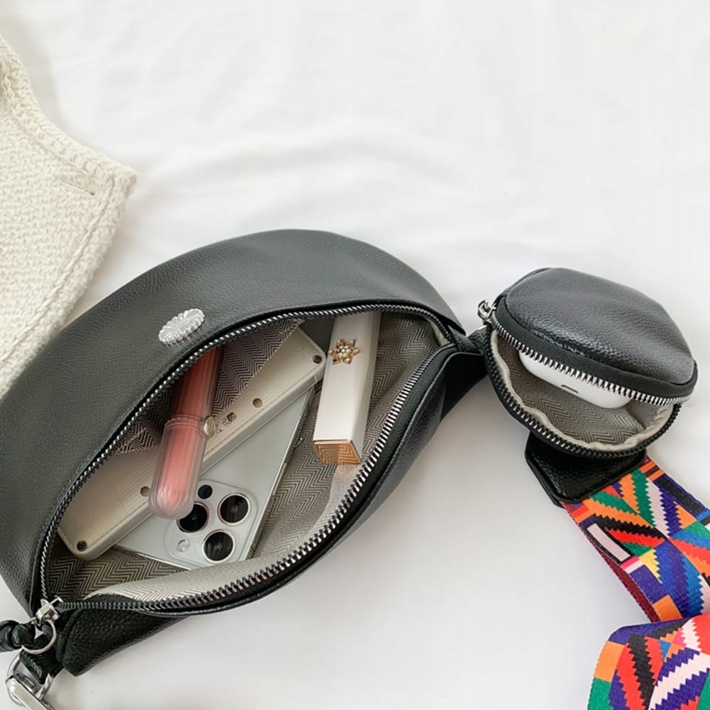 NERKA CZARNA SASZETKA DAMSKA POJEMNA SZEROKI KOLOROWY PASEK SKÓRA EKO Model --