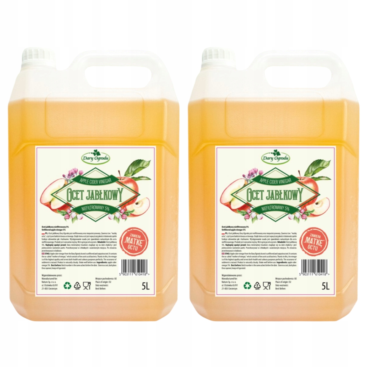 2x Ocet Jabłkowy Naturalny Żywy Niefiltrowany 5L Dary Ogrodu
