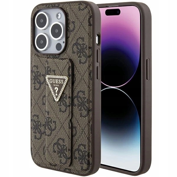 Pouzdro obal Guess Grip Stand 4G Triangle Strass pro iPhone 15 Pro, hnědé