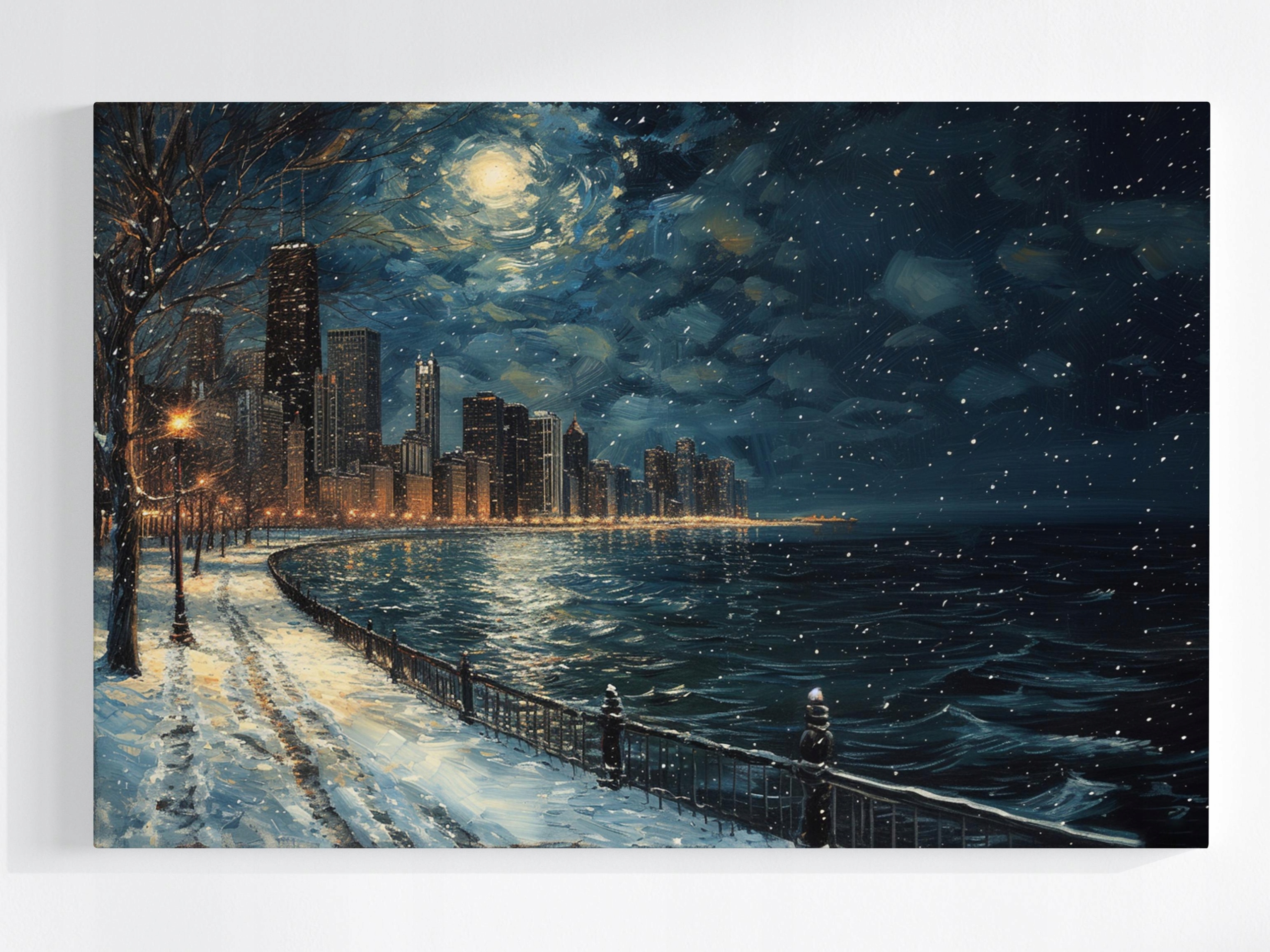Obraz Na Plátně Canvas Noc Panorama Chicago Zima Sníh Hvězdy 120x80
