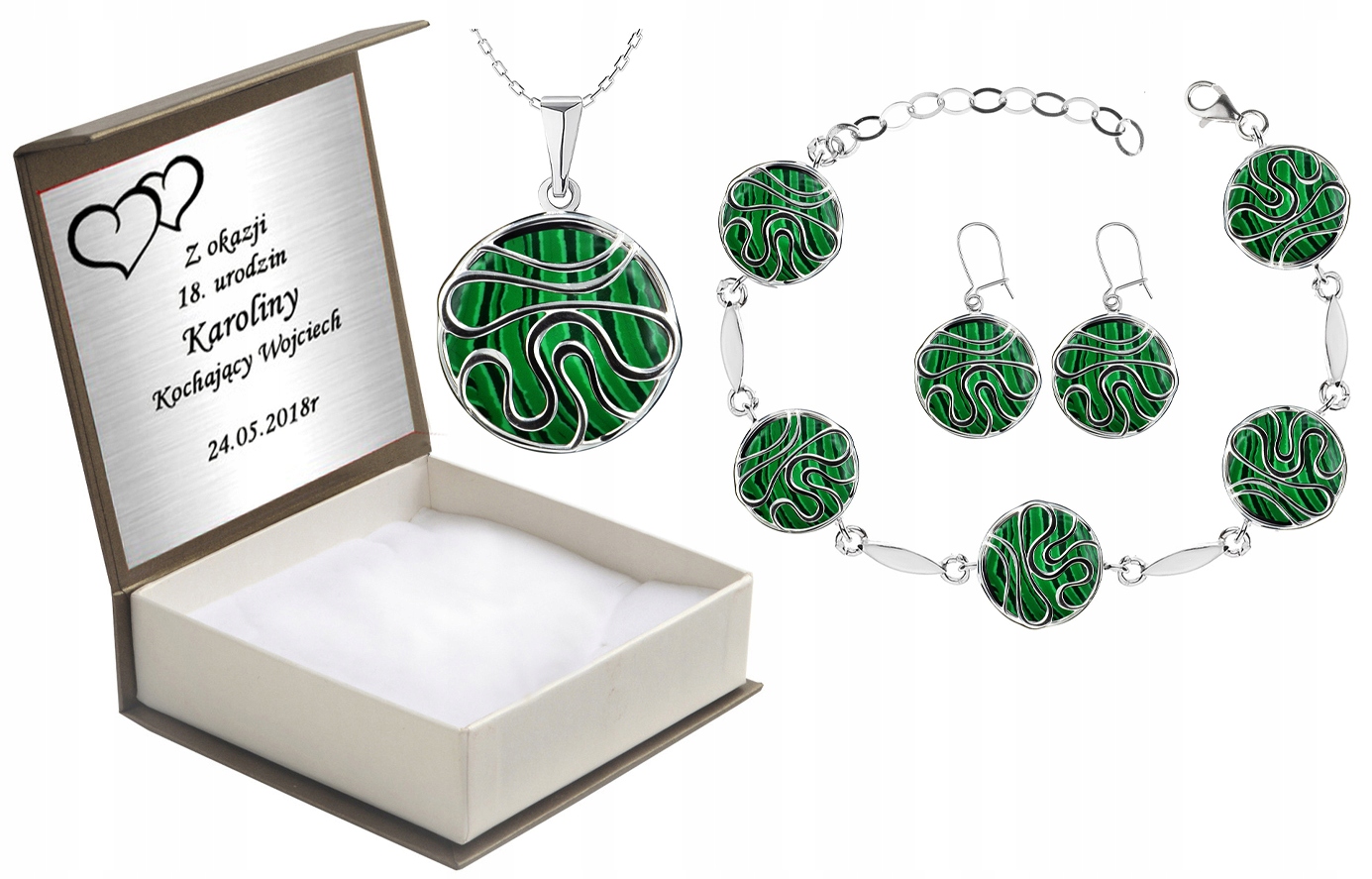 

Komplet Biżuterii Srebrnej Z Malachitami + Grawer