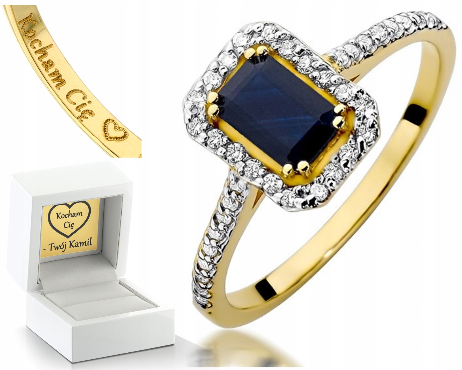 Prstýnek Briliantový Safír Žluté Zlato 585 Gravírování