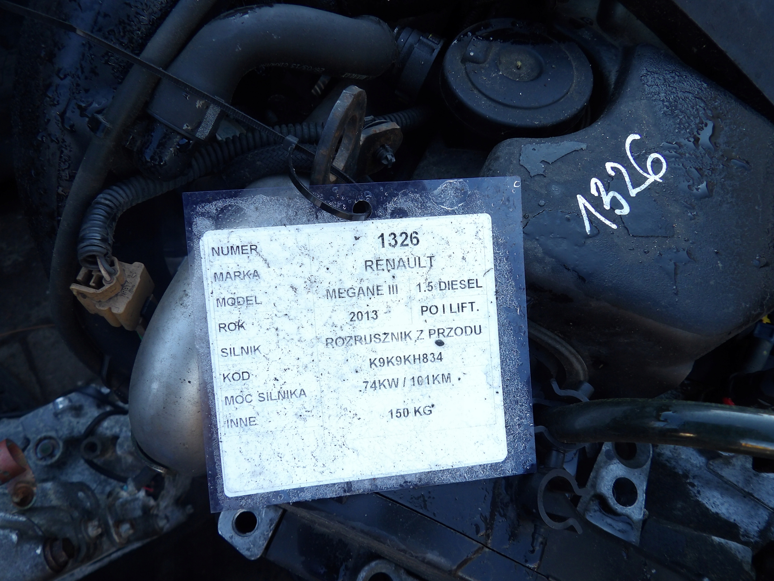 Renault Megane III 1,5dci - 101 km engine K9KH834