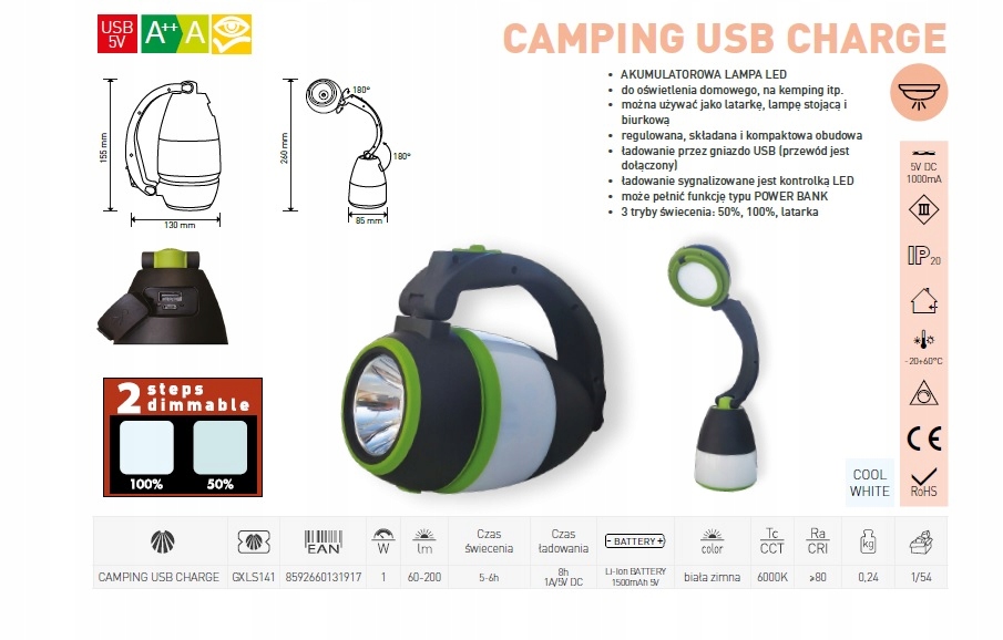 LATARKA LED CAMPING LAMPA USB GXLS141 GREENLUX Kolor dominujący czarny
