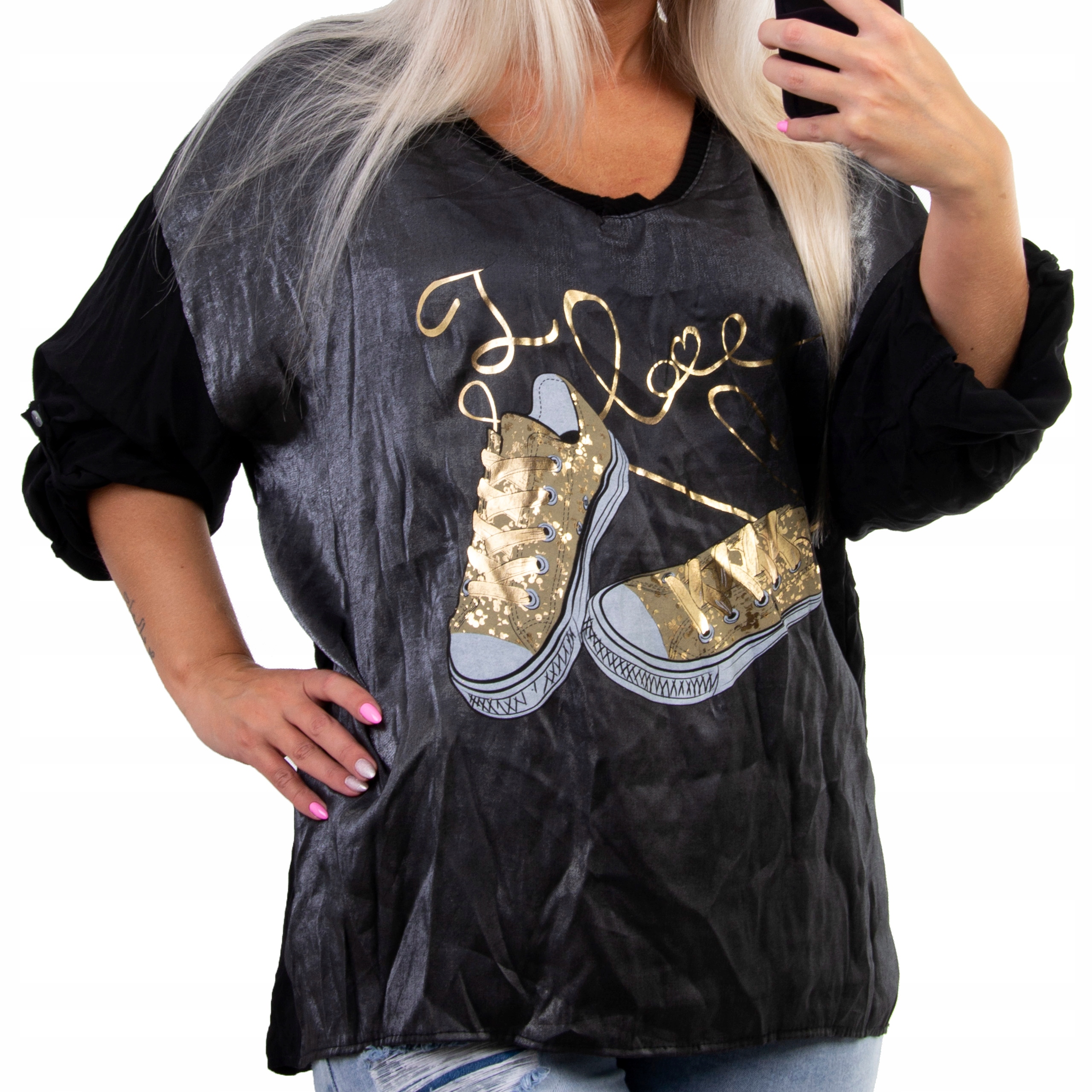 

B712 Bluzka Z Nadrukiem Trampki Czarna 2XL