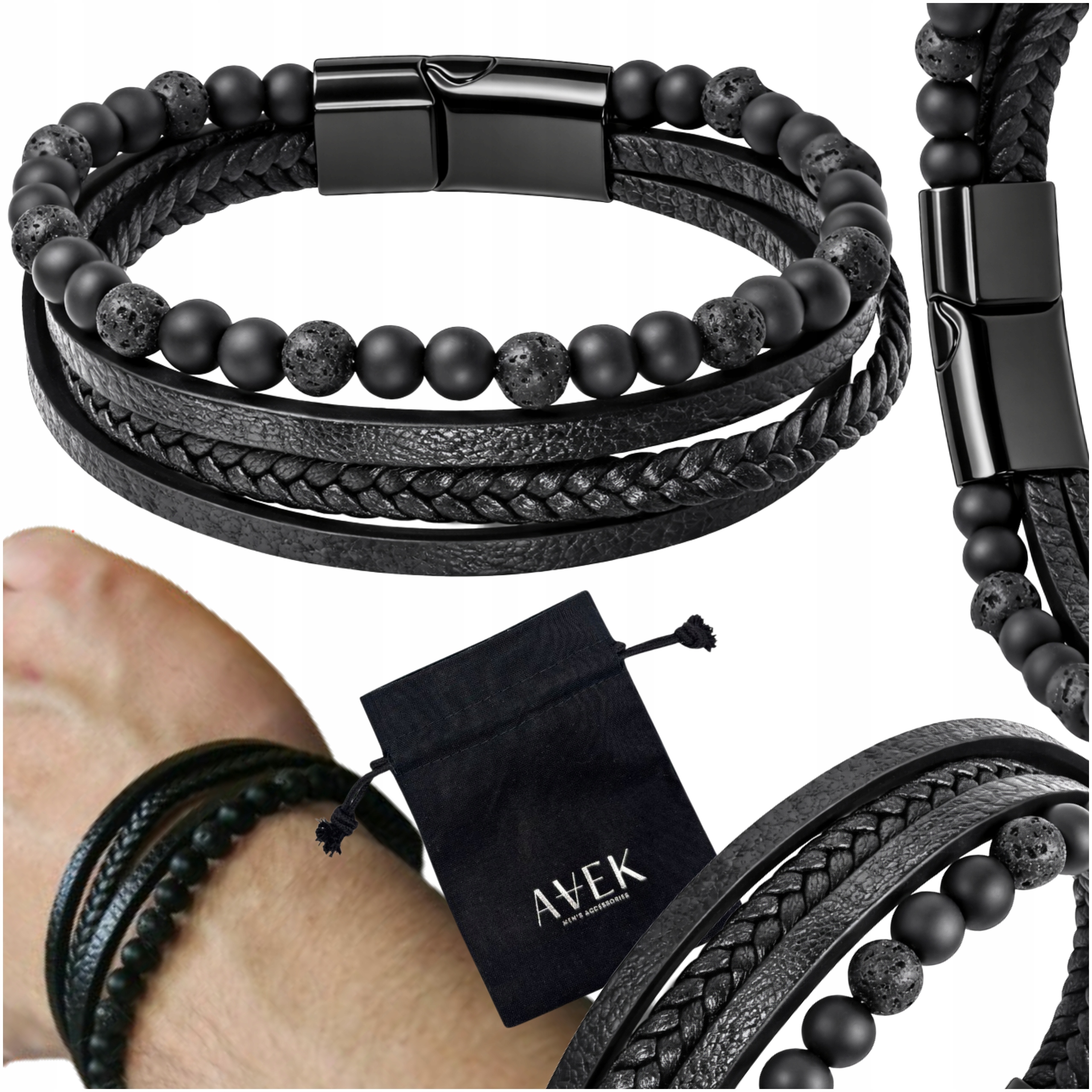 Pánský Náramek 21 CM Černý, Široká Ocel Z Kůže Jako Dárek 21