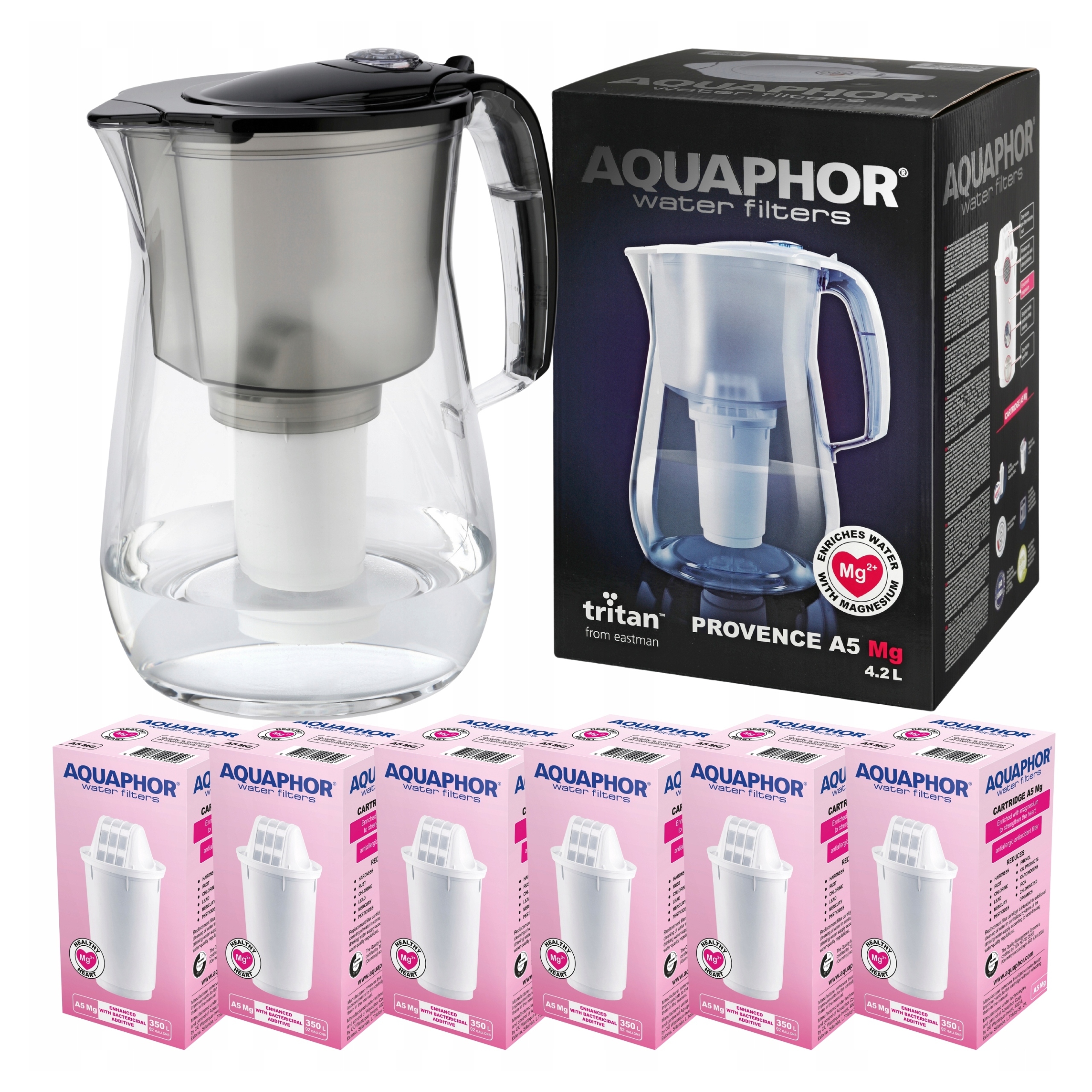 Dzbanek Filtrujący do wody Aquaphor Provence 4,2L Czarny 6 filtrów A5 Mg