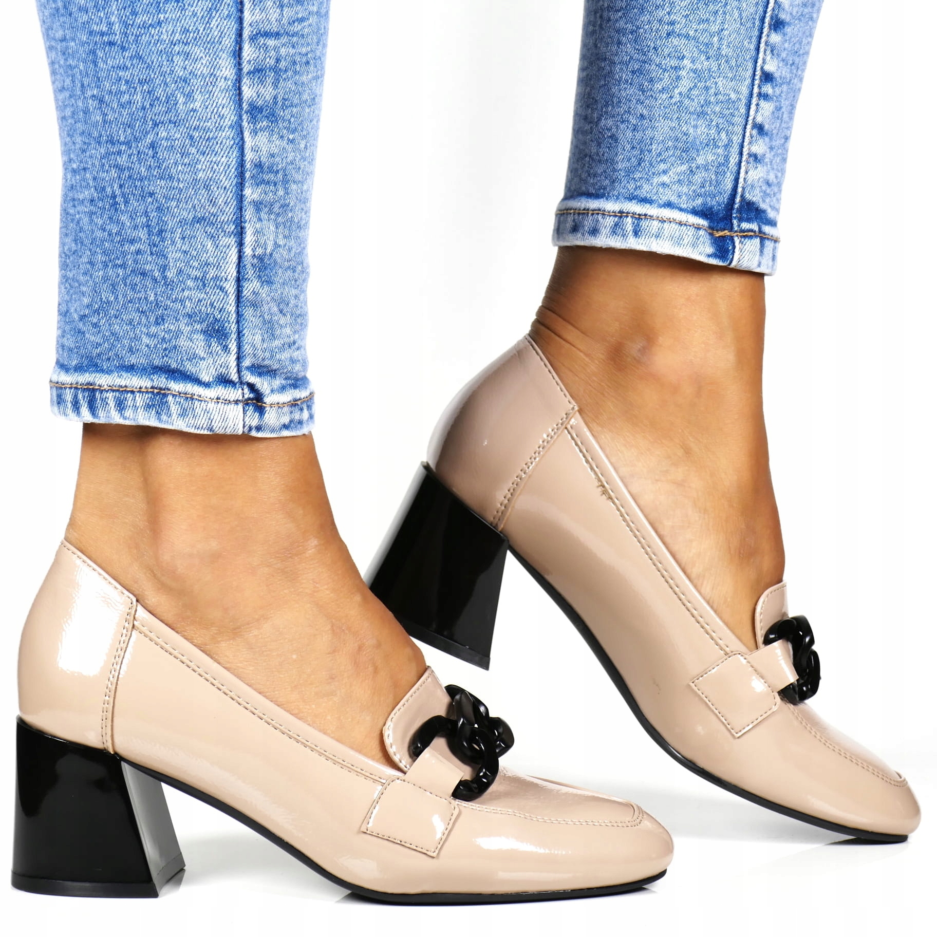 BEŻOWE ELEGANCKIE BUTY CZÓŁENKA Z ŁAŃCUCHEM MODNE Rozmiar 39