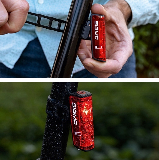 LAMPKA ROWEROWA ZE ŚWIATŁEM STOPU CZUJNIK ŚWIATŁA Kolor dominujący pomarańcze i czerwienie