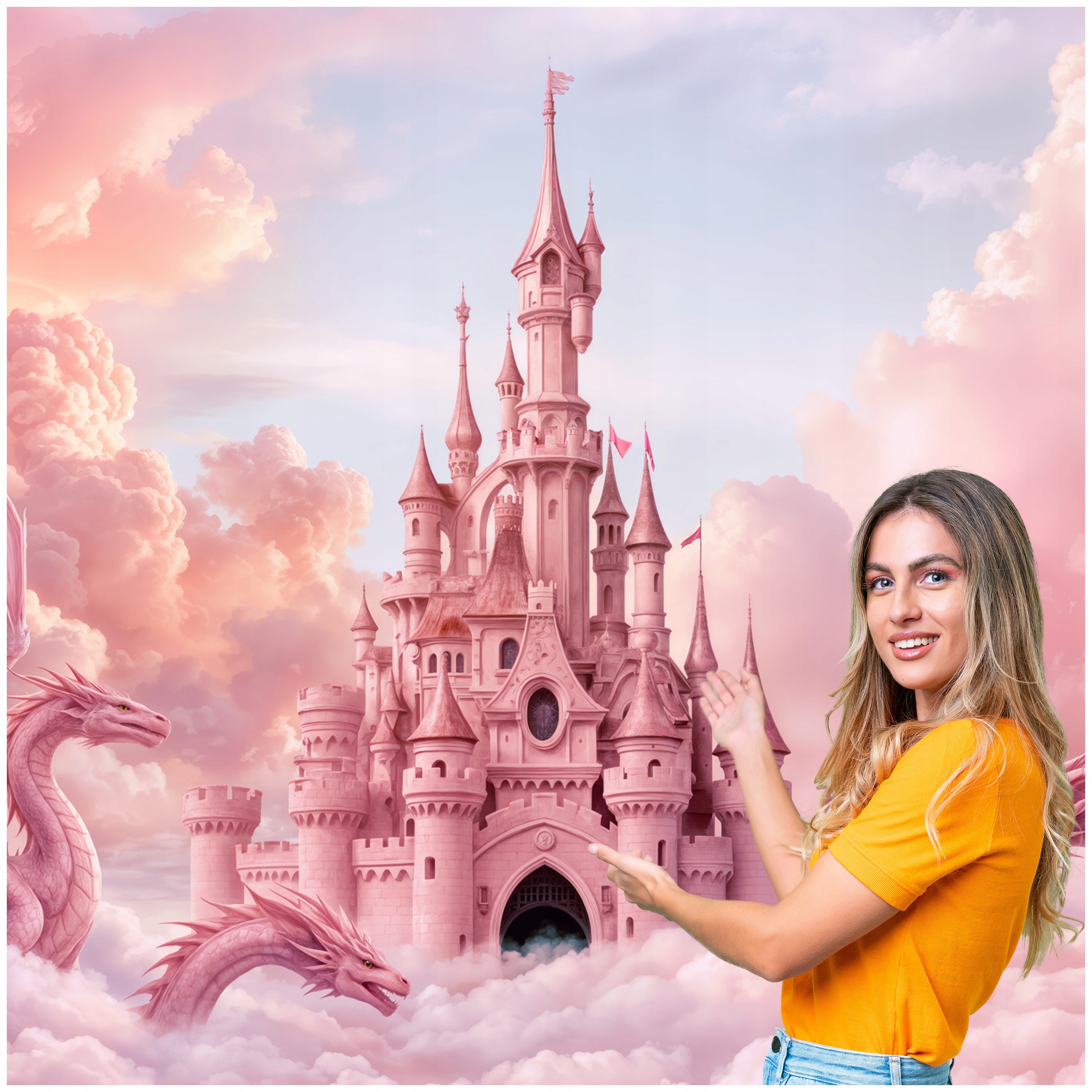 Fototapeta Pro Děti Růžový hrad Draci Mraky 294x260 DD09W