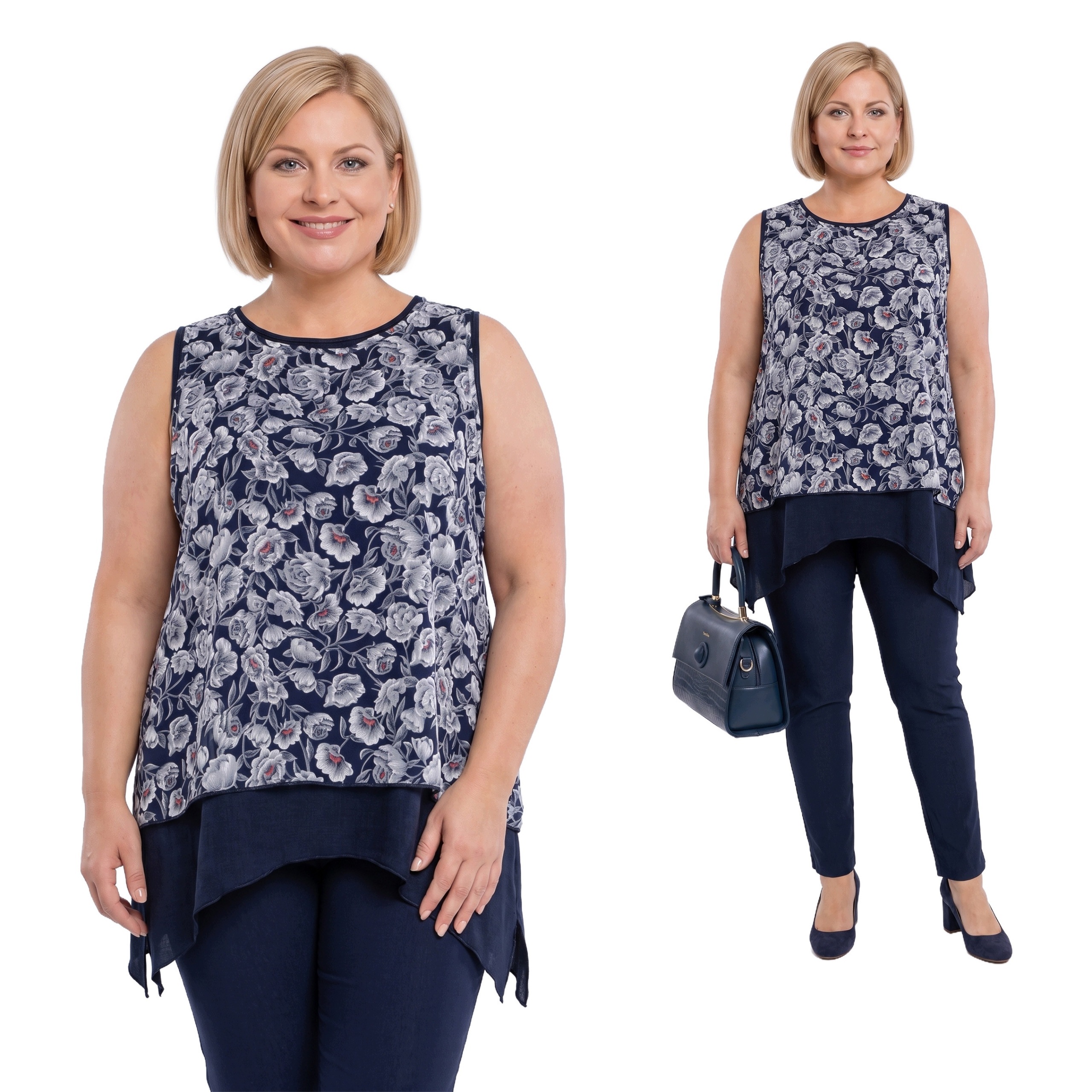 Tmavě modrá tunika bez rukávů, šedé květy plus size velikost 56/58