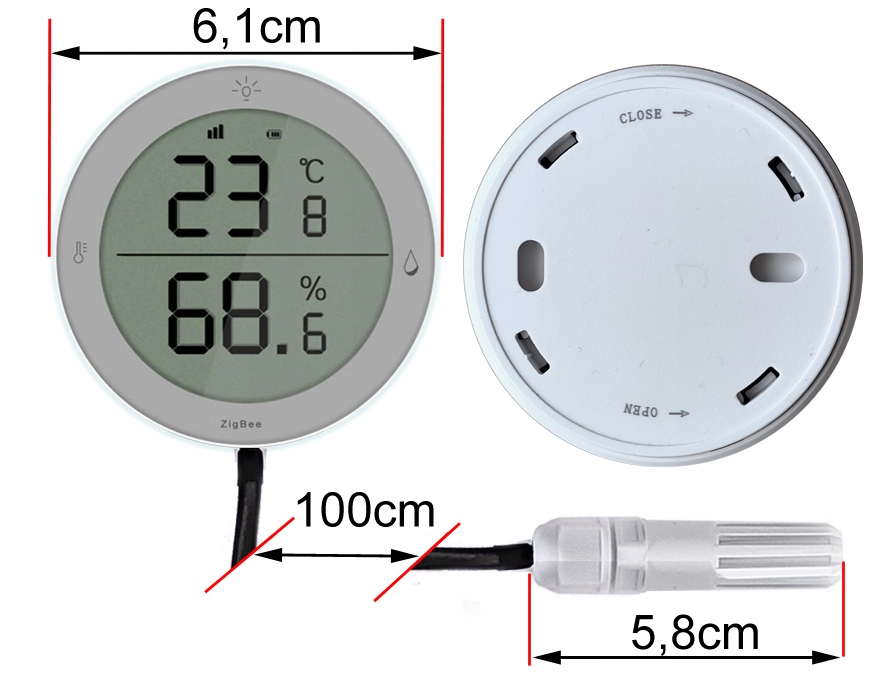 Zewnętrzny sensor LCD TH -25 do 100 °C ZigBee TUYA Cechy dodatkowe do zastosowania zewnętrznego temperatura pracy poniżej 0°C wyświetlacz