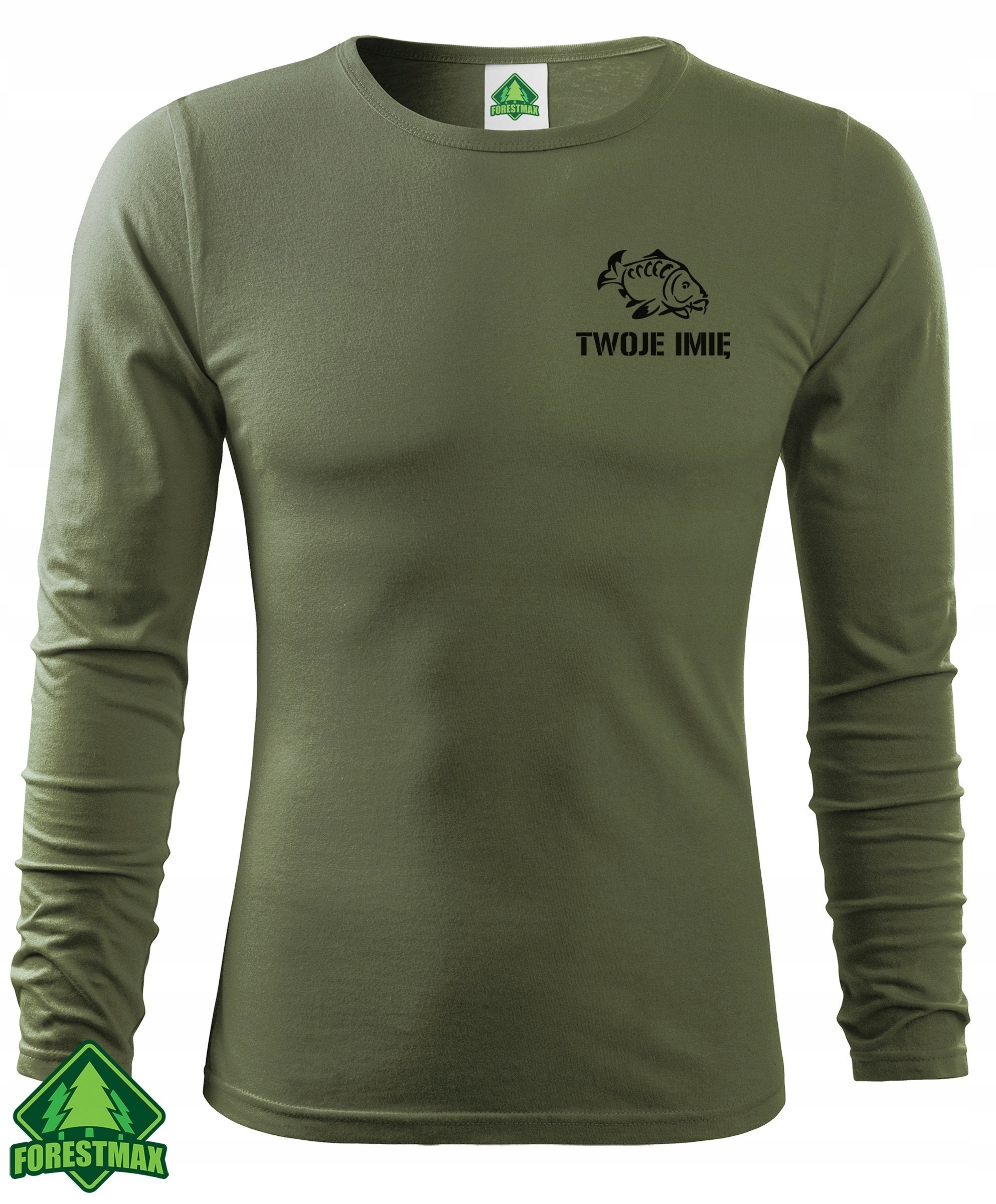 Bawełniana koszulka na ryby khaki z Twoim imieniem Dekolt okrągły