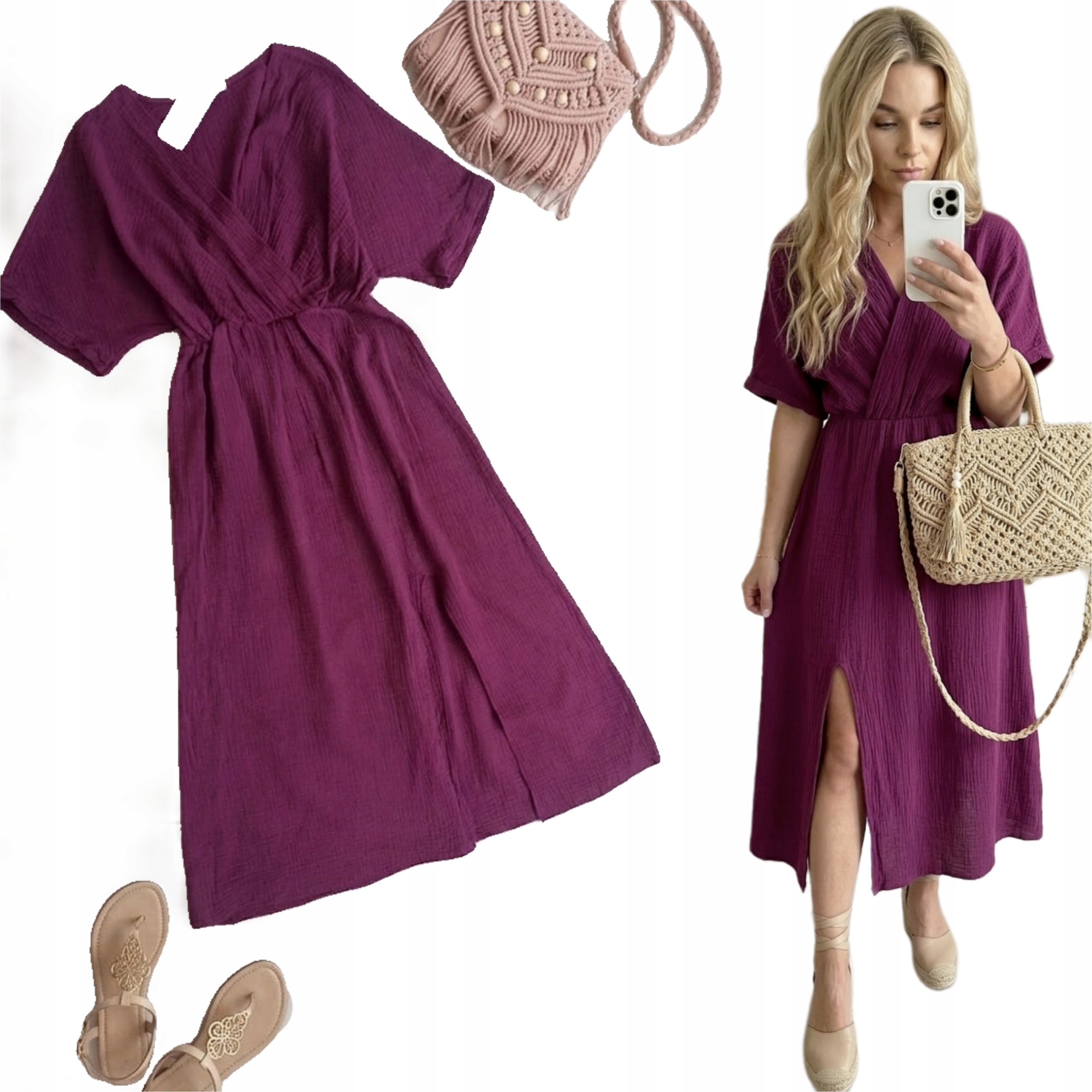 Sukienka muślinowa długa śliwkowa bawełna rozcięcie