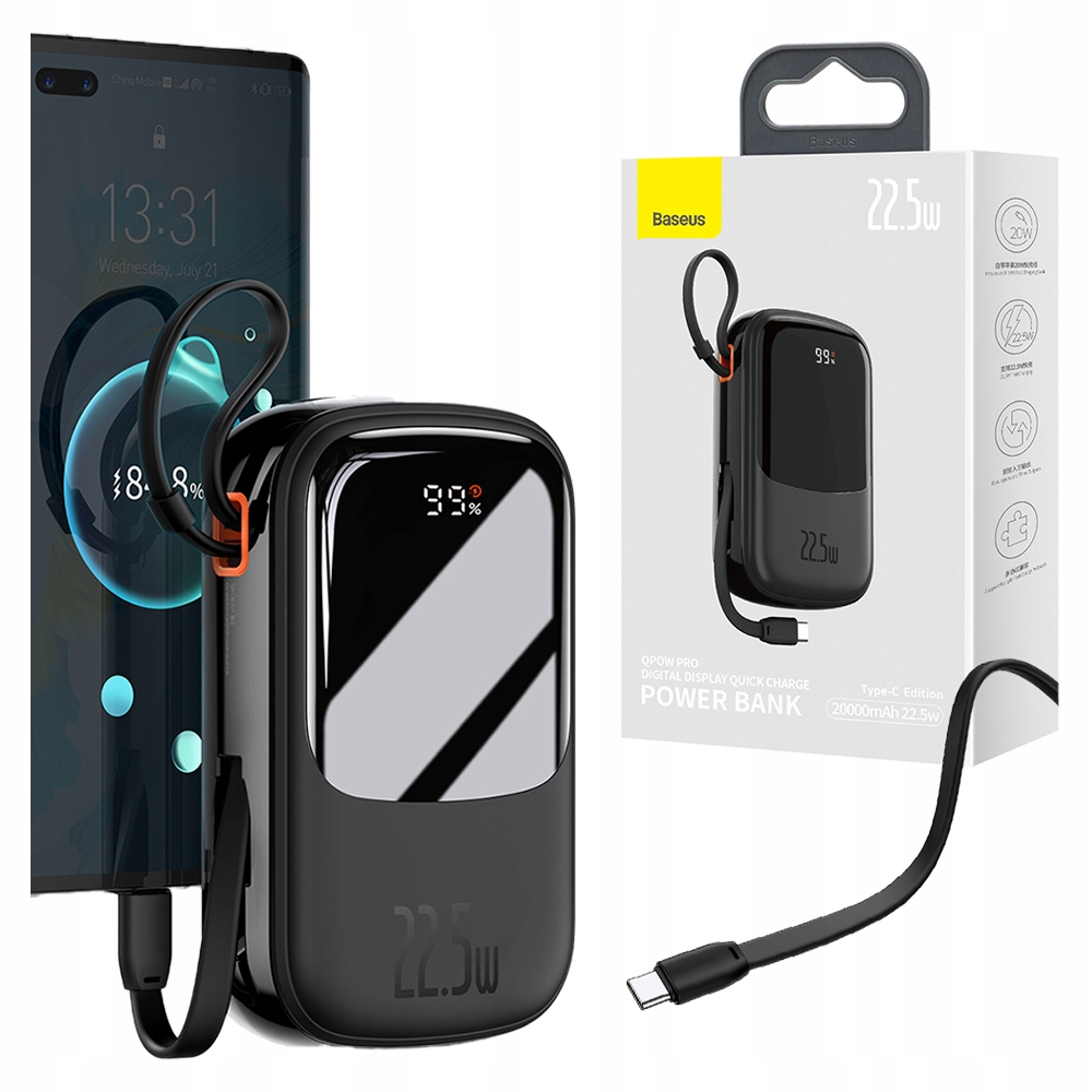 Szybki Powerbank Baseus 20000 mAh 22,5W Usb C Mocny Podróżny Kabel Typ C