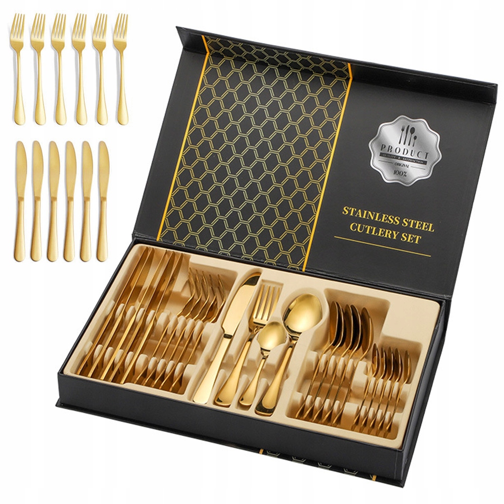 Sada Příborů Sada Kufr Zlatý 24 Kusů