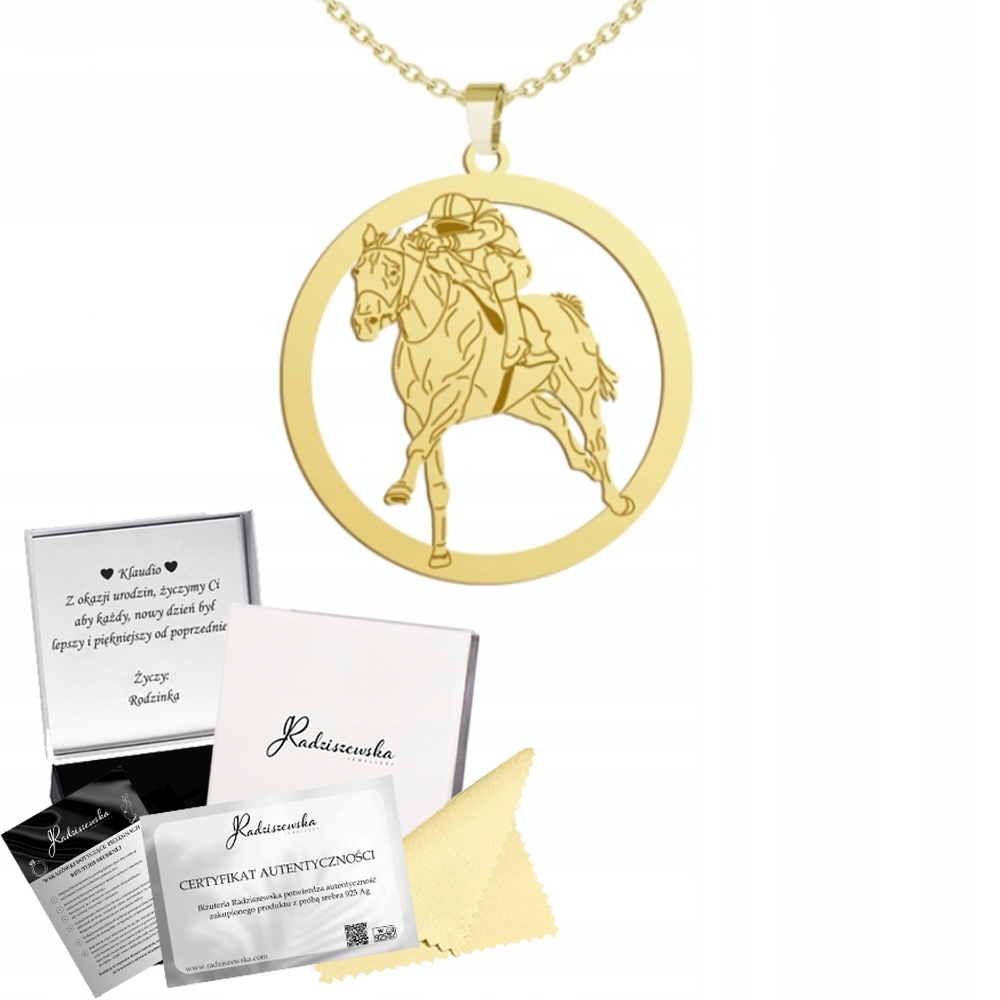 Zlatý náhrdelník s žokejem 925 Koňské dostihy Narozeniny Gravírování Bonus