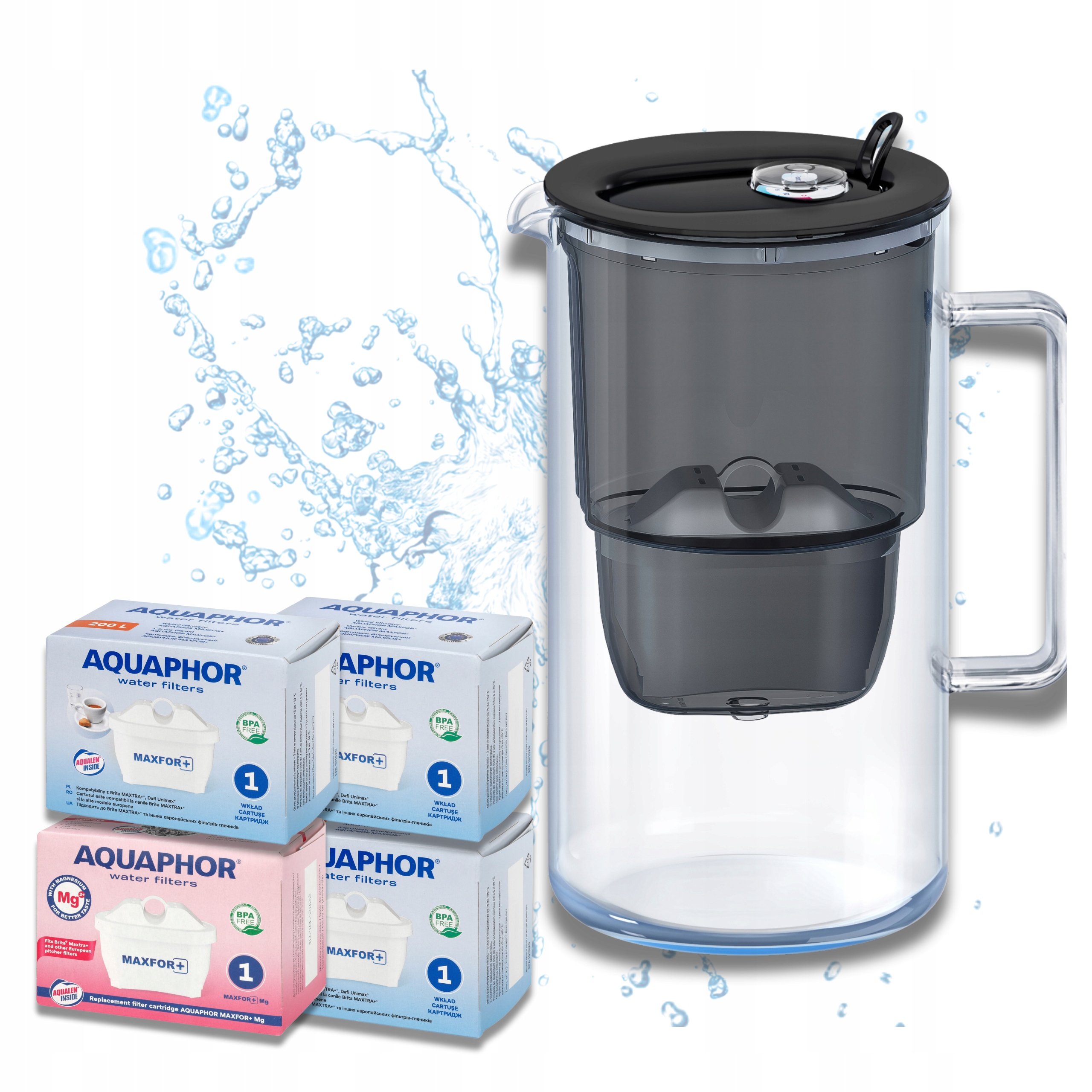 Filtrační konvice 4 filtry Maxfor (1 mg 3) skleněná Aquaphor Glass černá