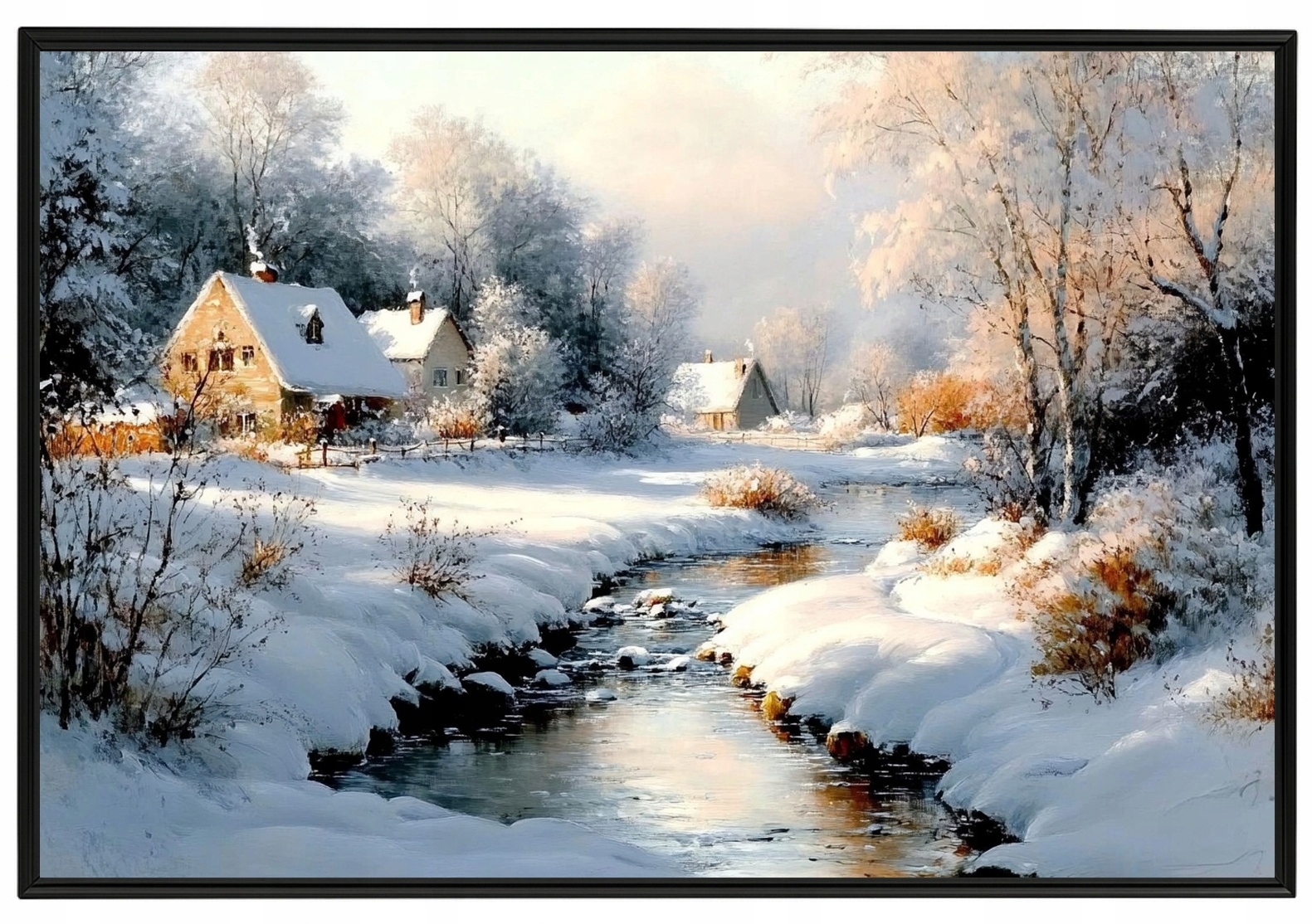 Rámeček S Hliníkovým Plakát Zima Sníh Vesnice Řeka Potok 60x40