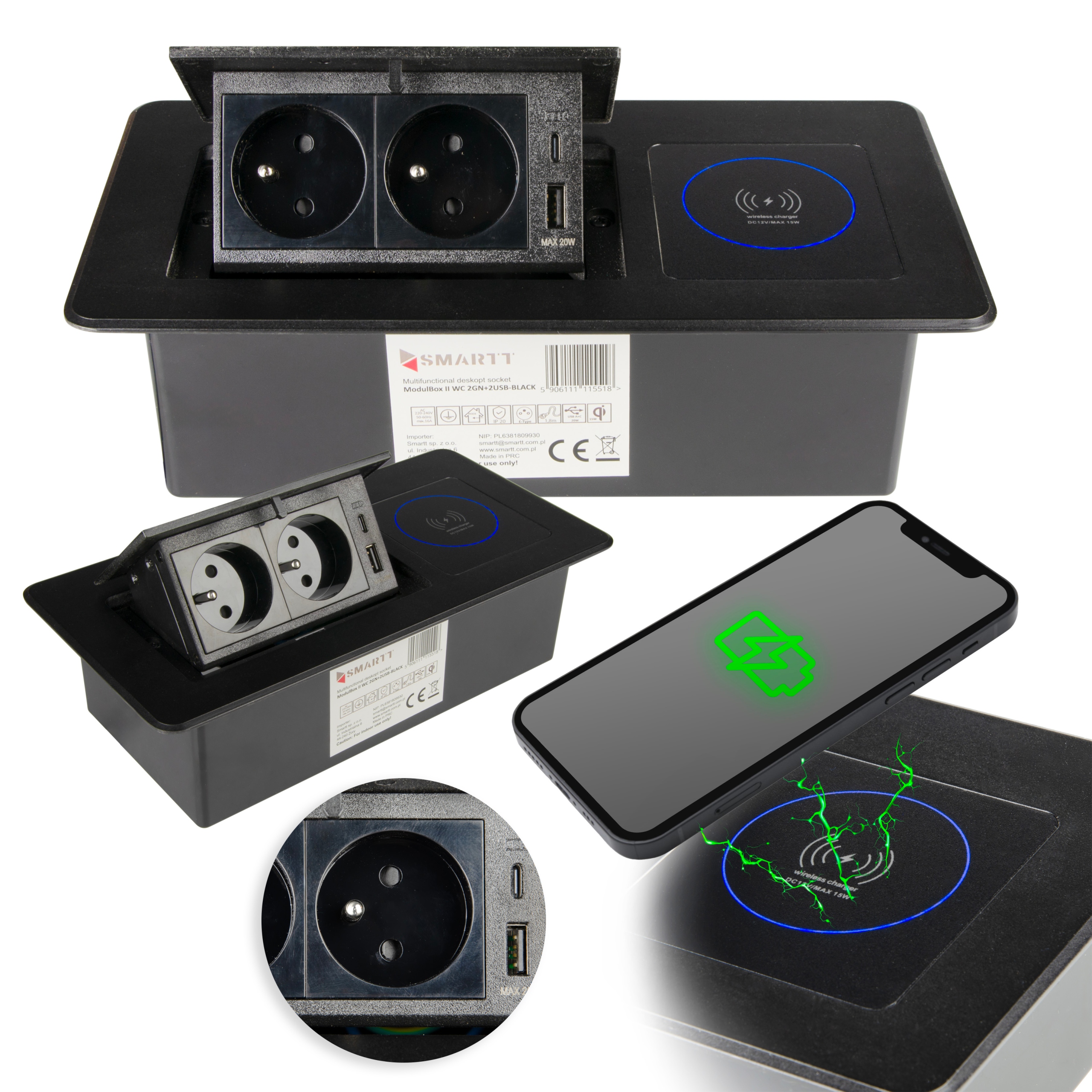 Zásuvka Na Dosku Zasúvateľná Do Čiernej Dosky 2X Usb 2X 230 V Indukčná Nabíjačka