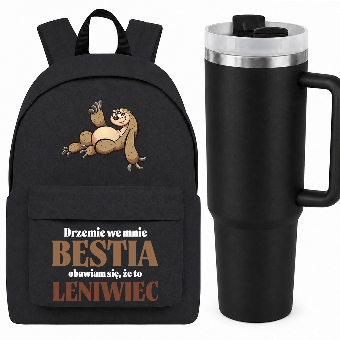 Plecak Czarny Termos Kubek Termiczny 1,2L Czarny Drzemie We Mnie Bestia