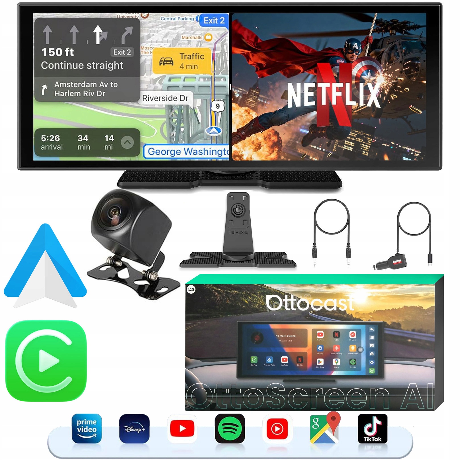 Ottocast Monitor Obrazovka Apple CarPlay Android Auto Youtube Netflix Kamera