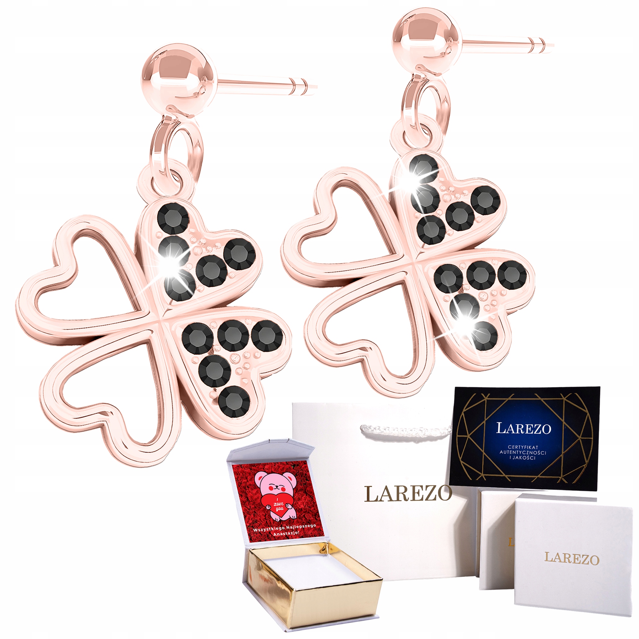 Náušnice Pozlacené 18K na tyči Čtyřlístek Černé Zirkony Květ Potisk