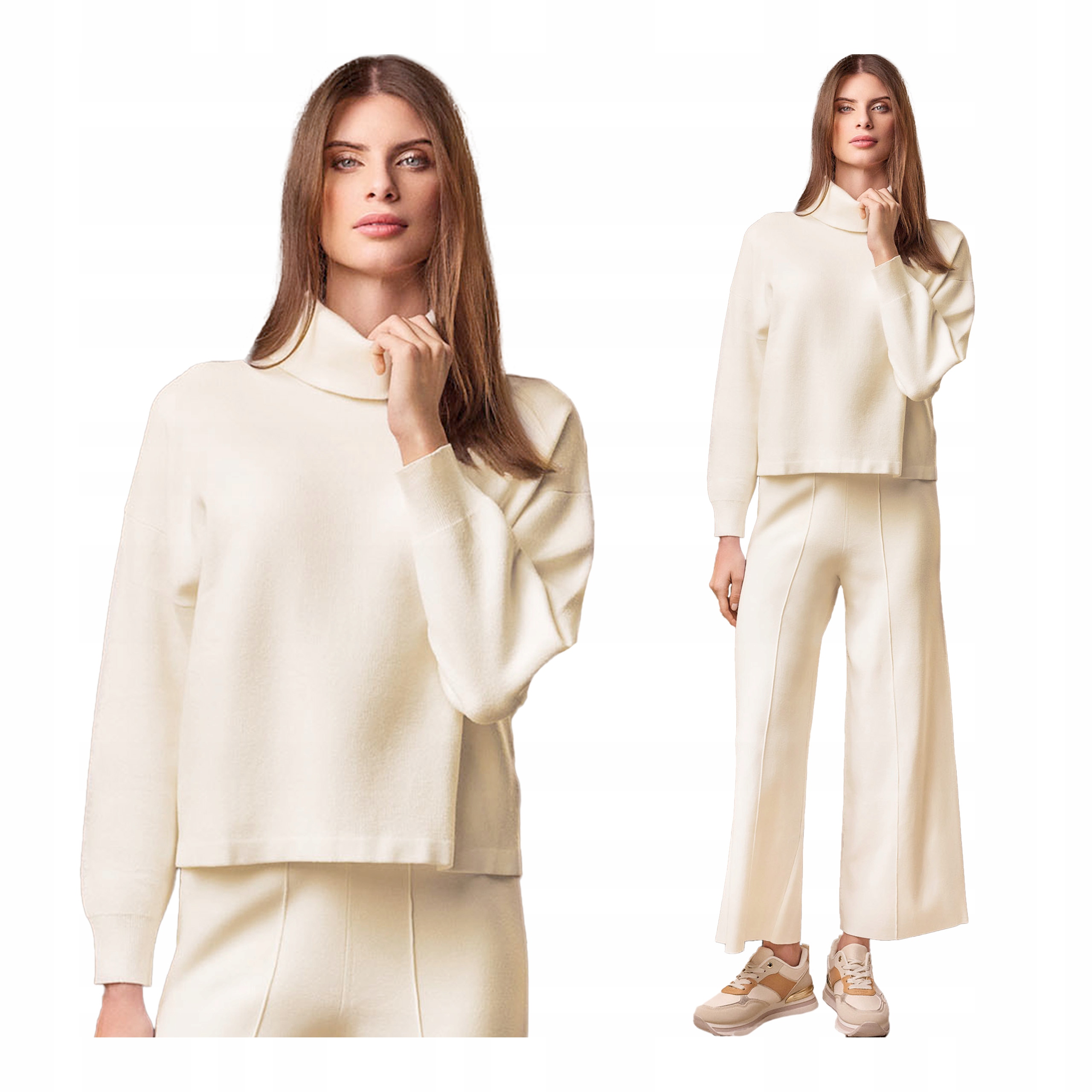 Teplákovka dámský béžový rolák s širokými nohavicemi a úpletem Lormar S/m