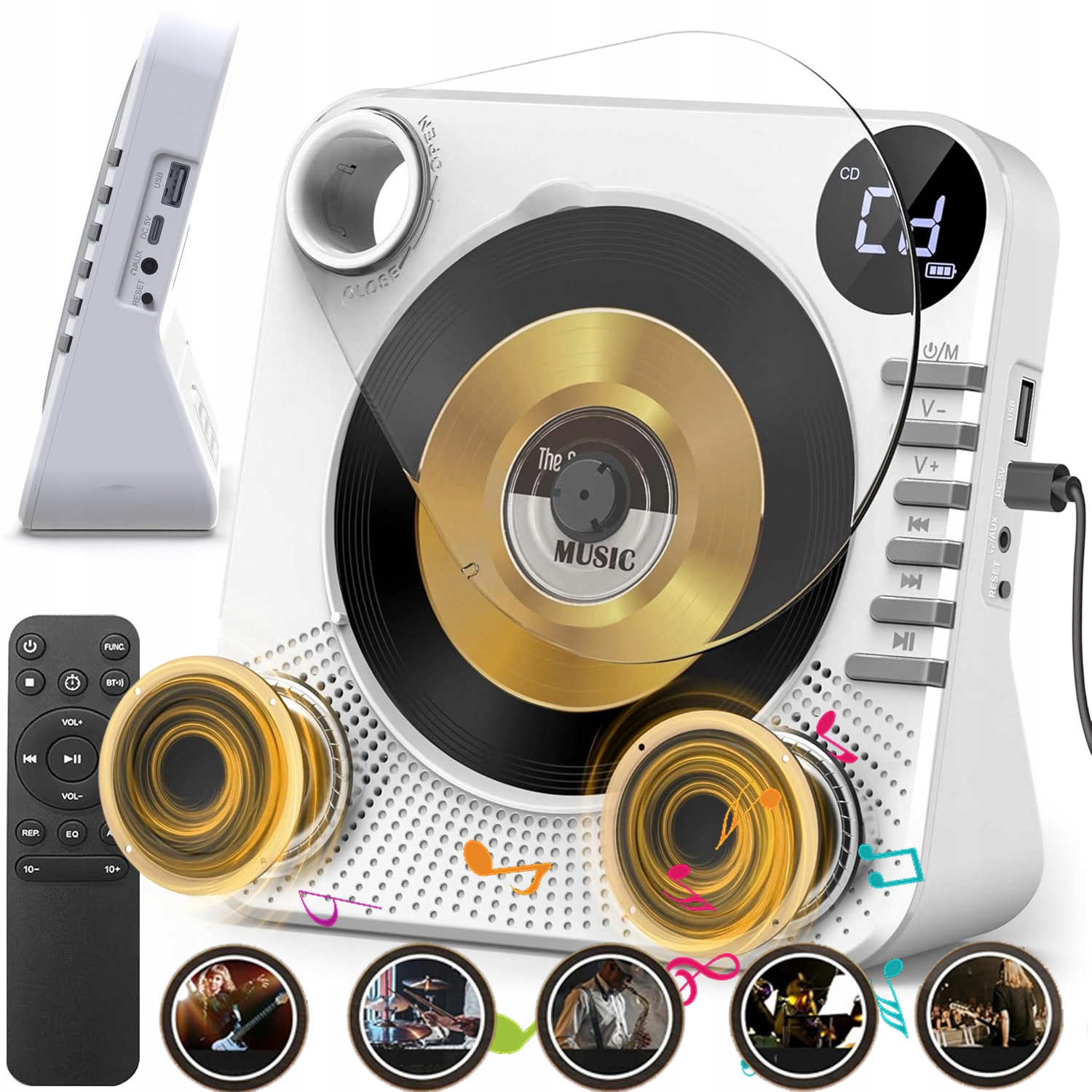 Rádio Aux Usb Fm Bílý Přenosný Přehrávač CD Reproduktor Bluetooth Odolný