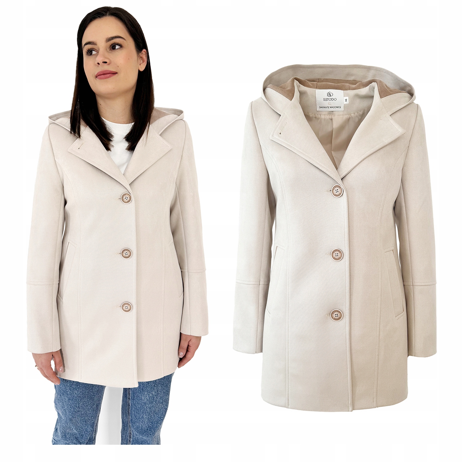 Jarní kratší kabát/bunda s kapucí světlý knoflíky , Světle Béžová 36